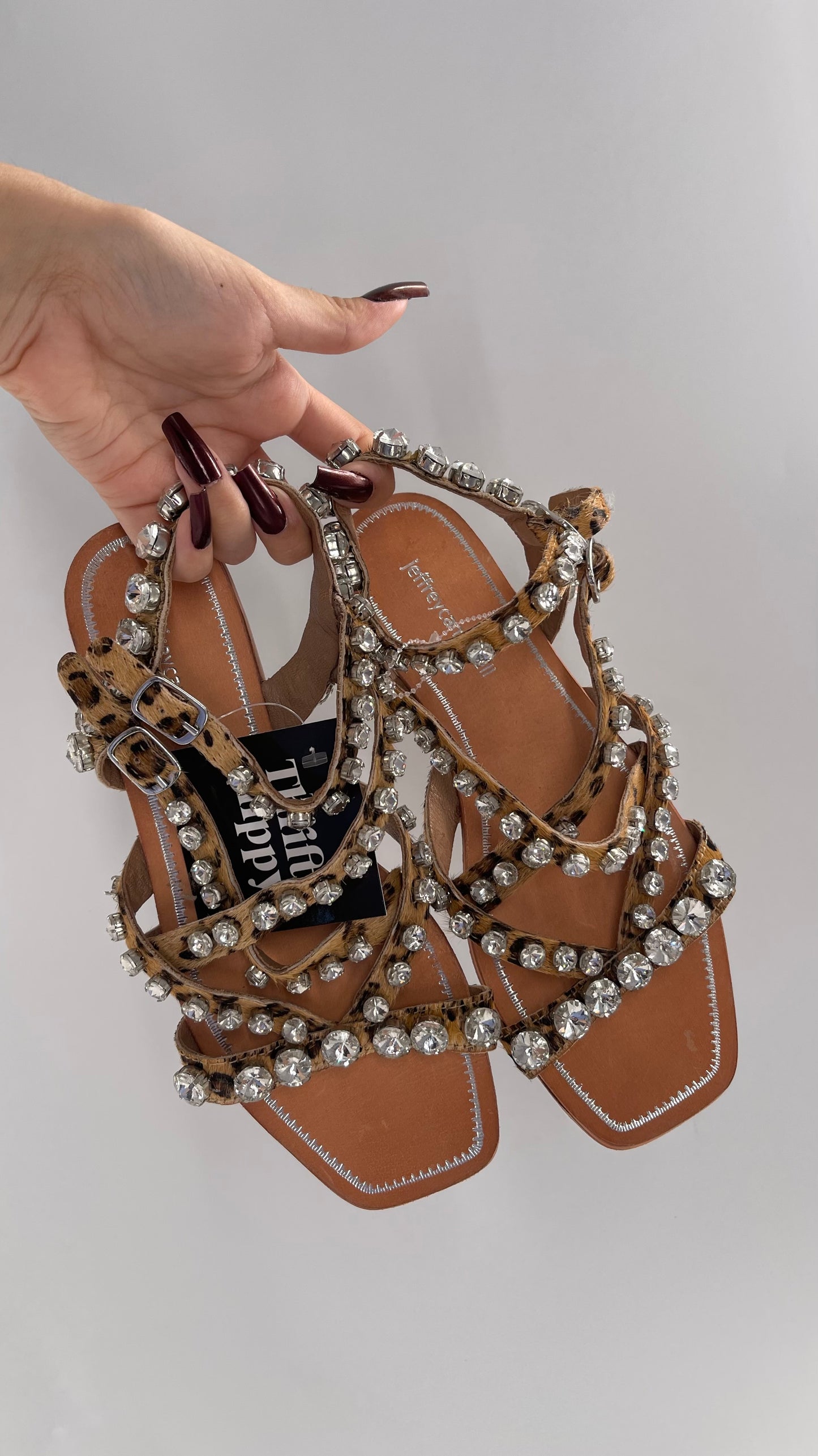 Jeffrey Campbell Rhinestone Encrusted Strappy Sandal with Cheetah Printed Cow Fur Straps (7)