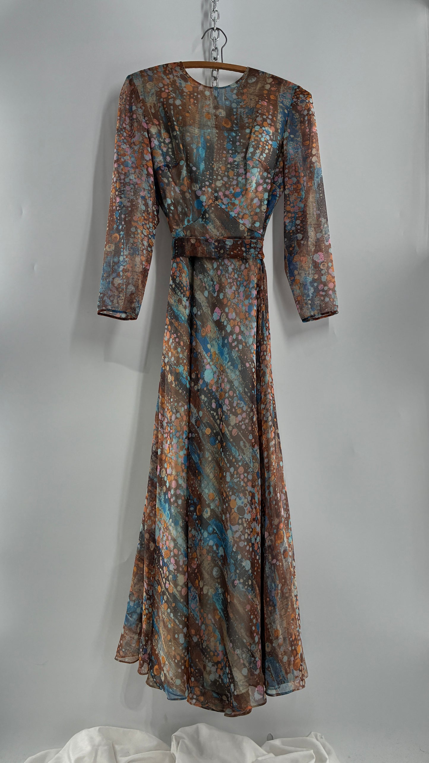 Vintage 1970s HELEN BASS Brown, Orange, Blue Voluminous Maxi Dress (S)