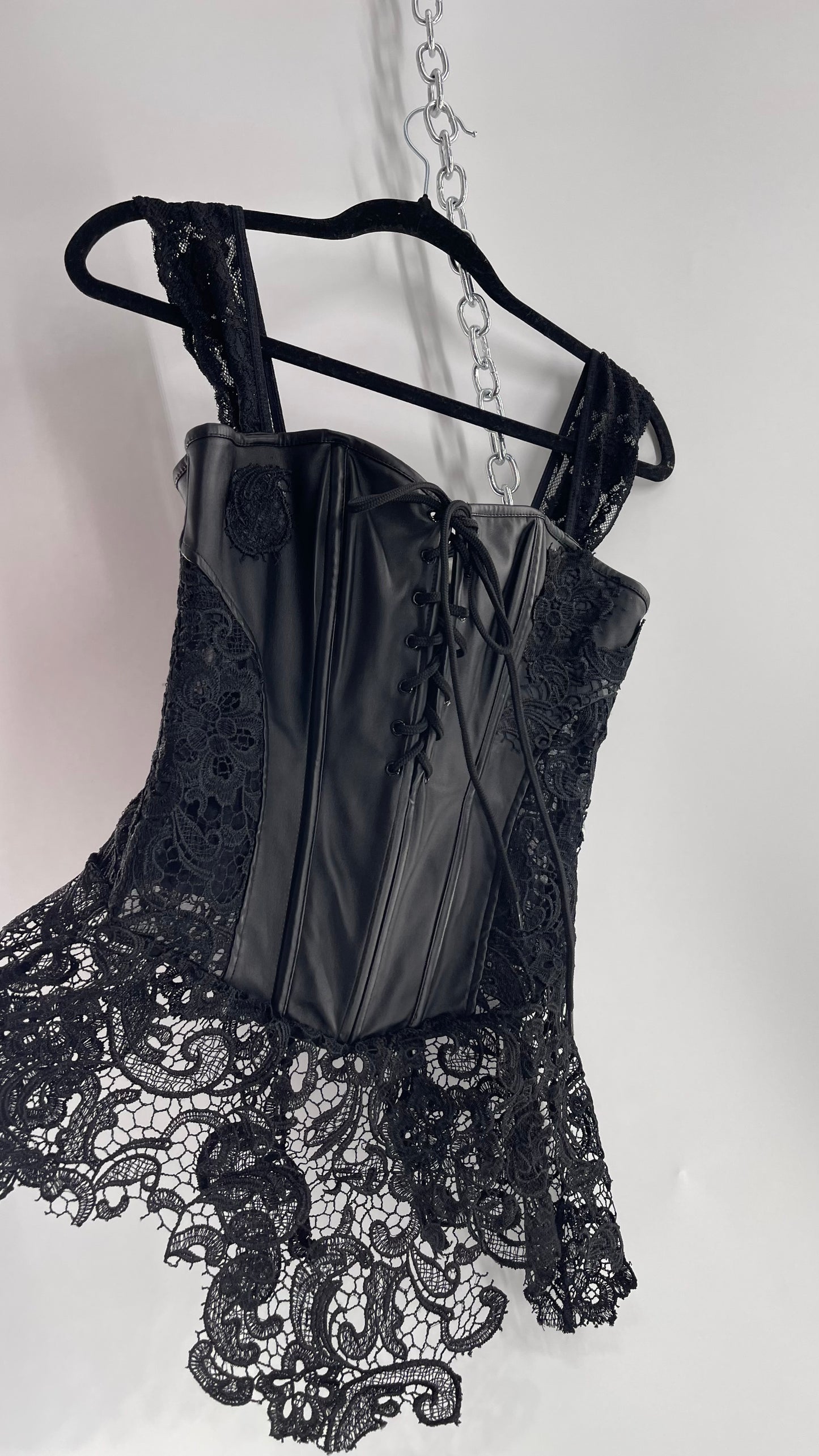 Black Vegan Leather/Lace Corset with Tie Front Details and Cap Sleeve (Large)