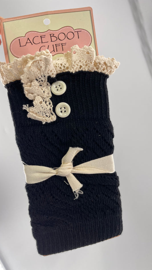 Deadstock Vintage Leg Warmers Black with Beige Lace Trim and Buttons