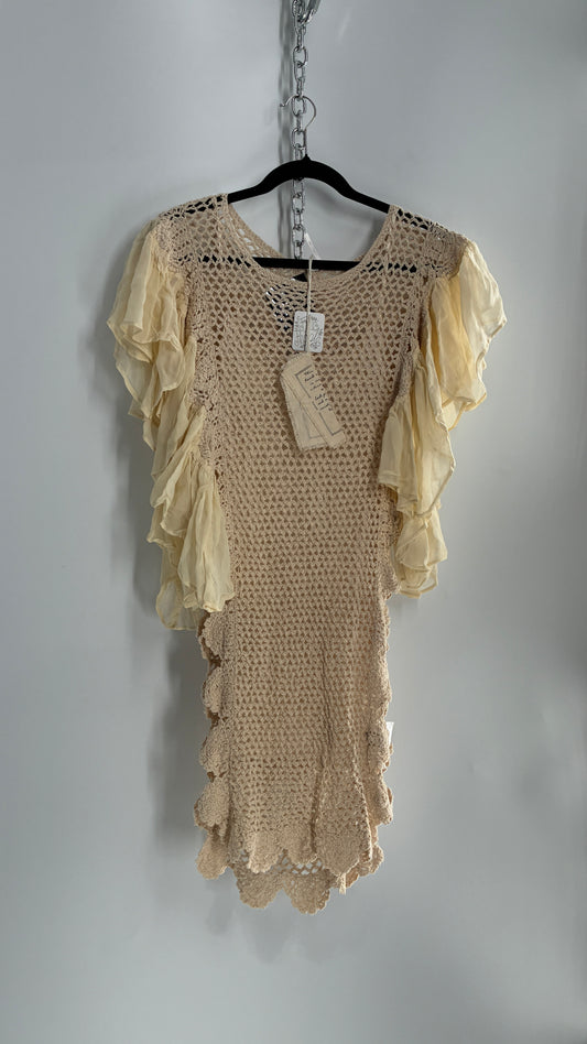 Free People Crochet Scalloped Open Side Dress with Ruffled Sleeve Details (S)