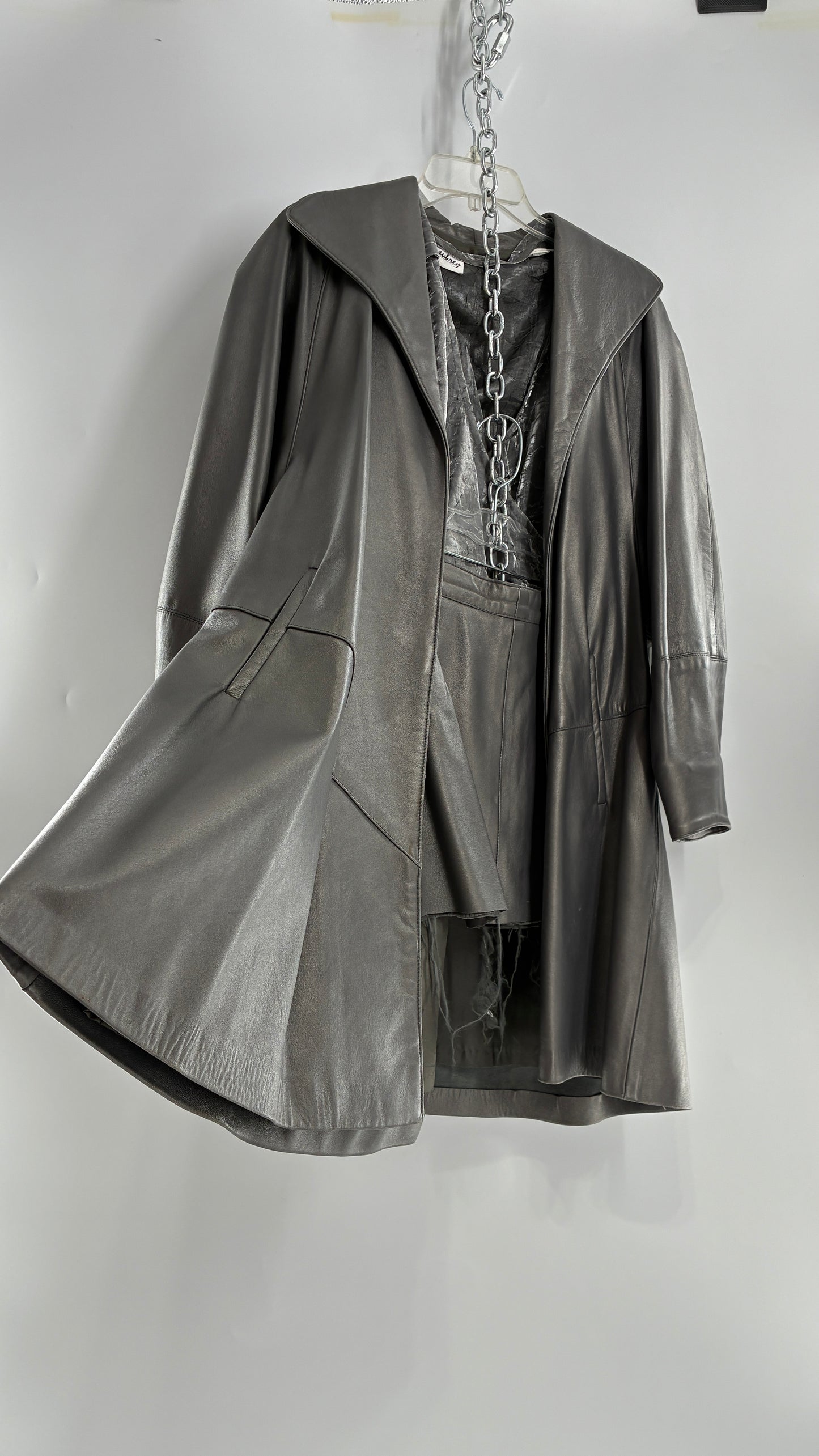 Vintage 1980s JUST PIERRE 3pc Metallic Silver Leather Trench Coat, Micro Mini Skirt and Sheer Blouse Set (S/M)