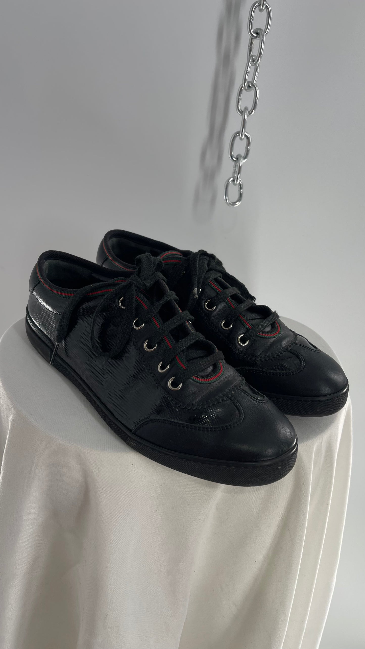 Vintage GUCCI Worn Black Leather Monogram Low Top Sneakers with Red/Green Iconic Trim (37)