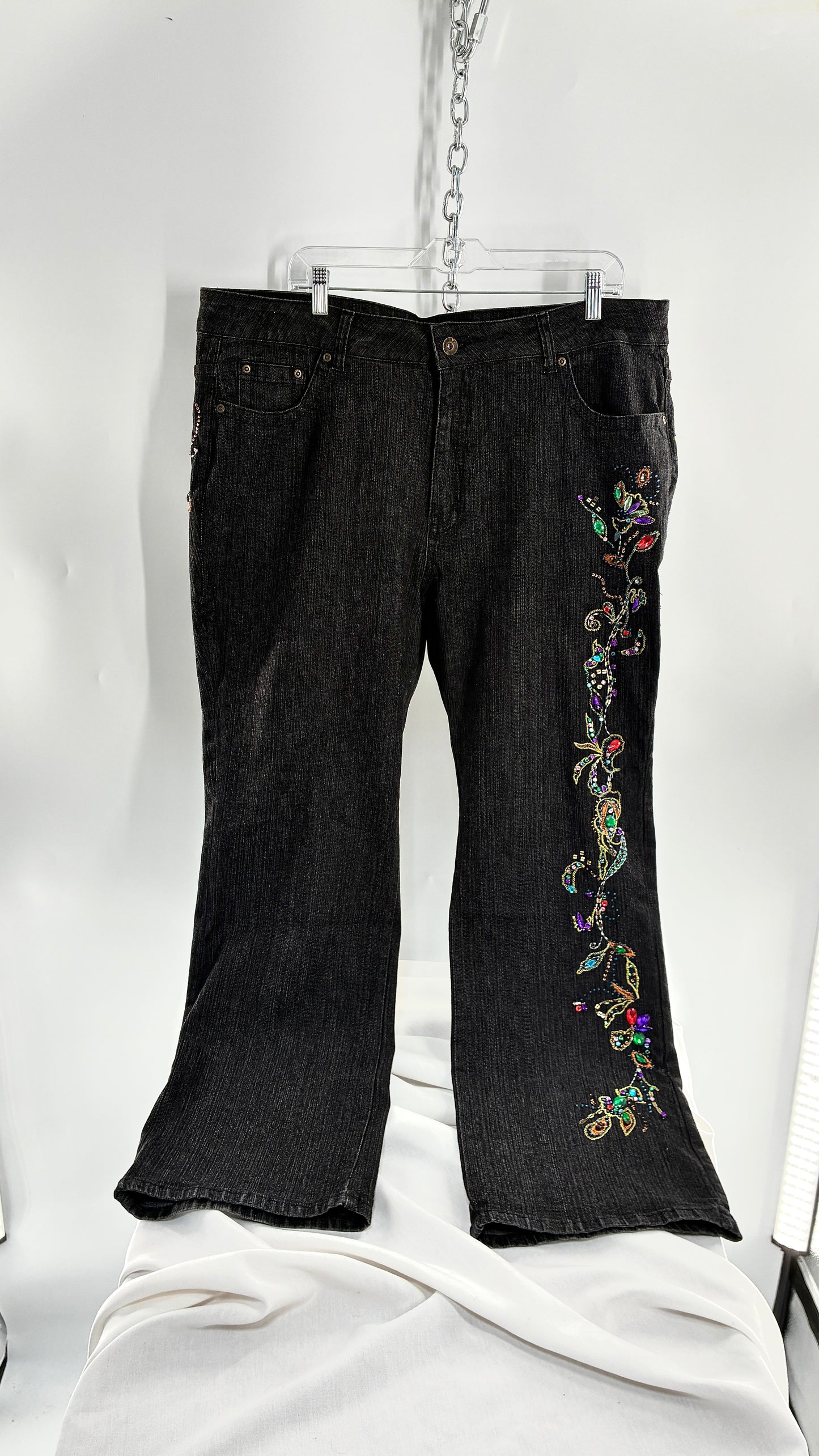 Vintage Grainy Black Denim with Hip to Hem Gemstones and Embroidery (22W)