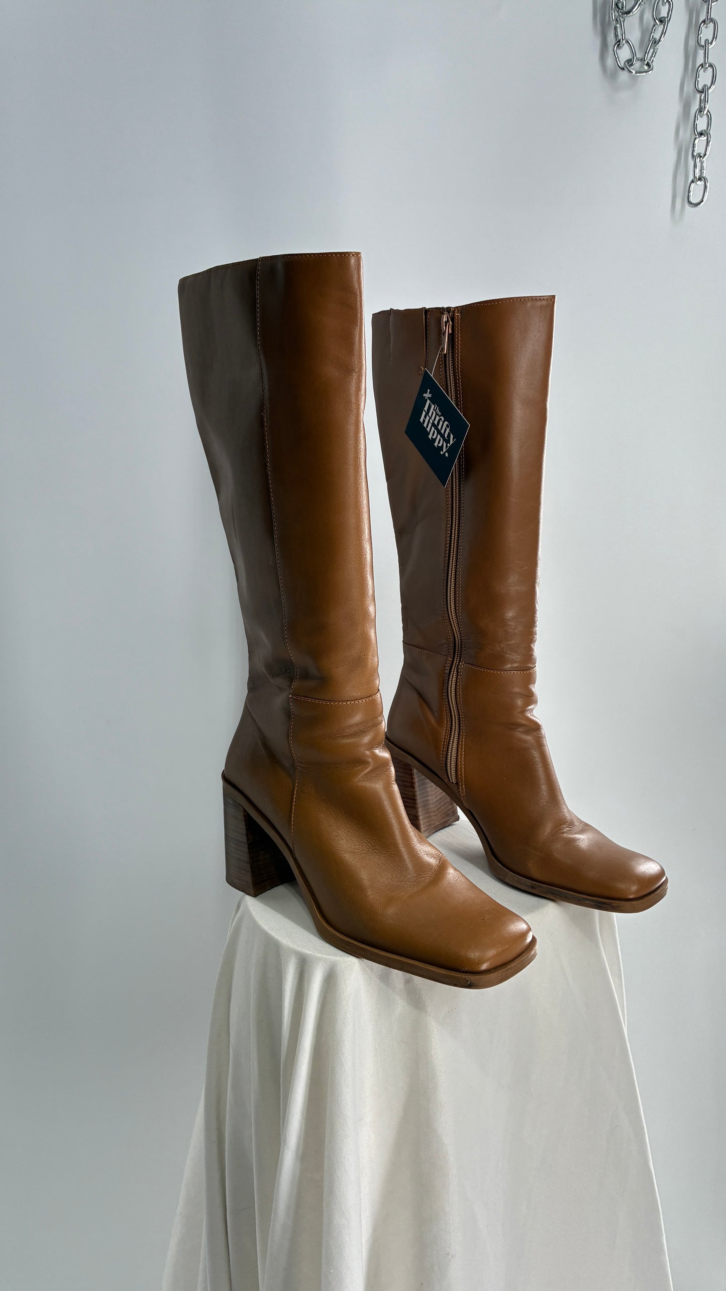 Vintage Strive Genuine Leather Square Toe Knee High Boots with Chunky Block Heel Made in Uruguay (9.5)