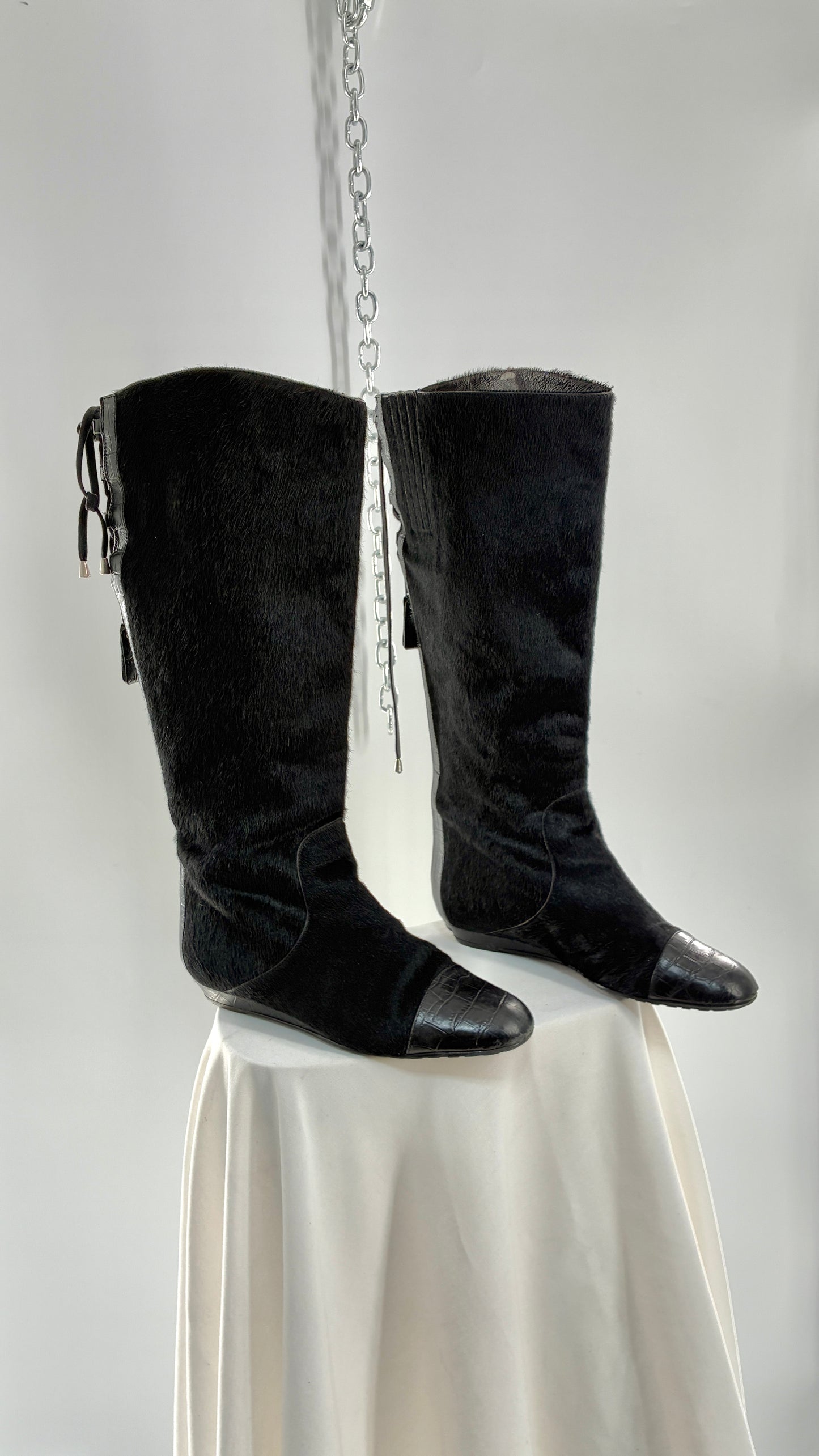 Vintage MIGLIORINI Black Genuine Calf Hair/Fur Boots with Heel, Made in Italy (7.5)