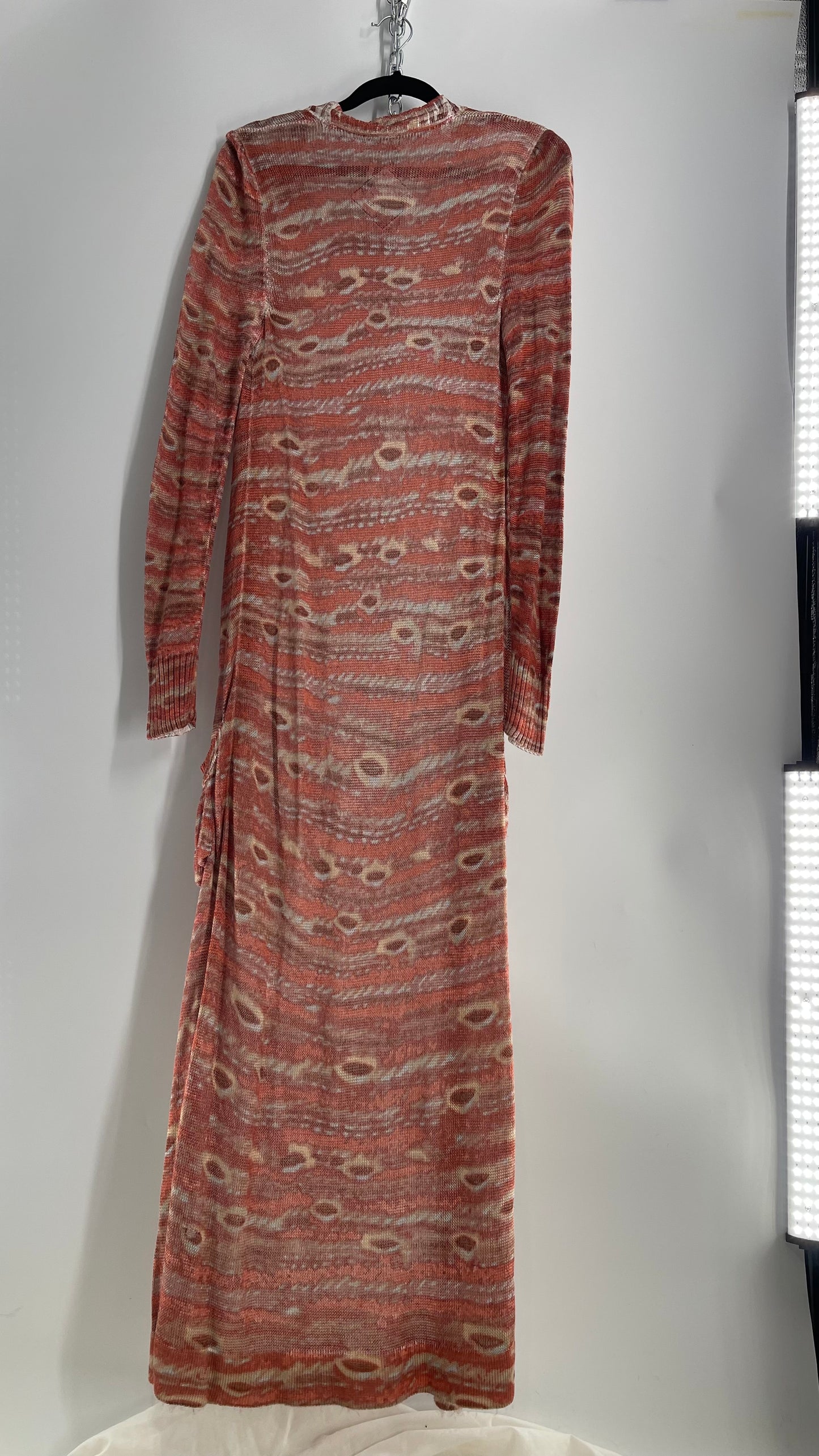 Free People Knit Floor Length Salmon Orange Patterned Cape (L)