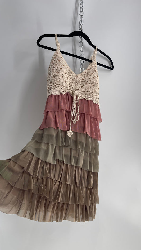 Vintage Ruffled Mini Dress with Crochet Bust (Small)