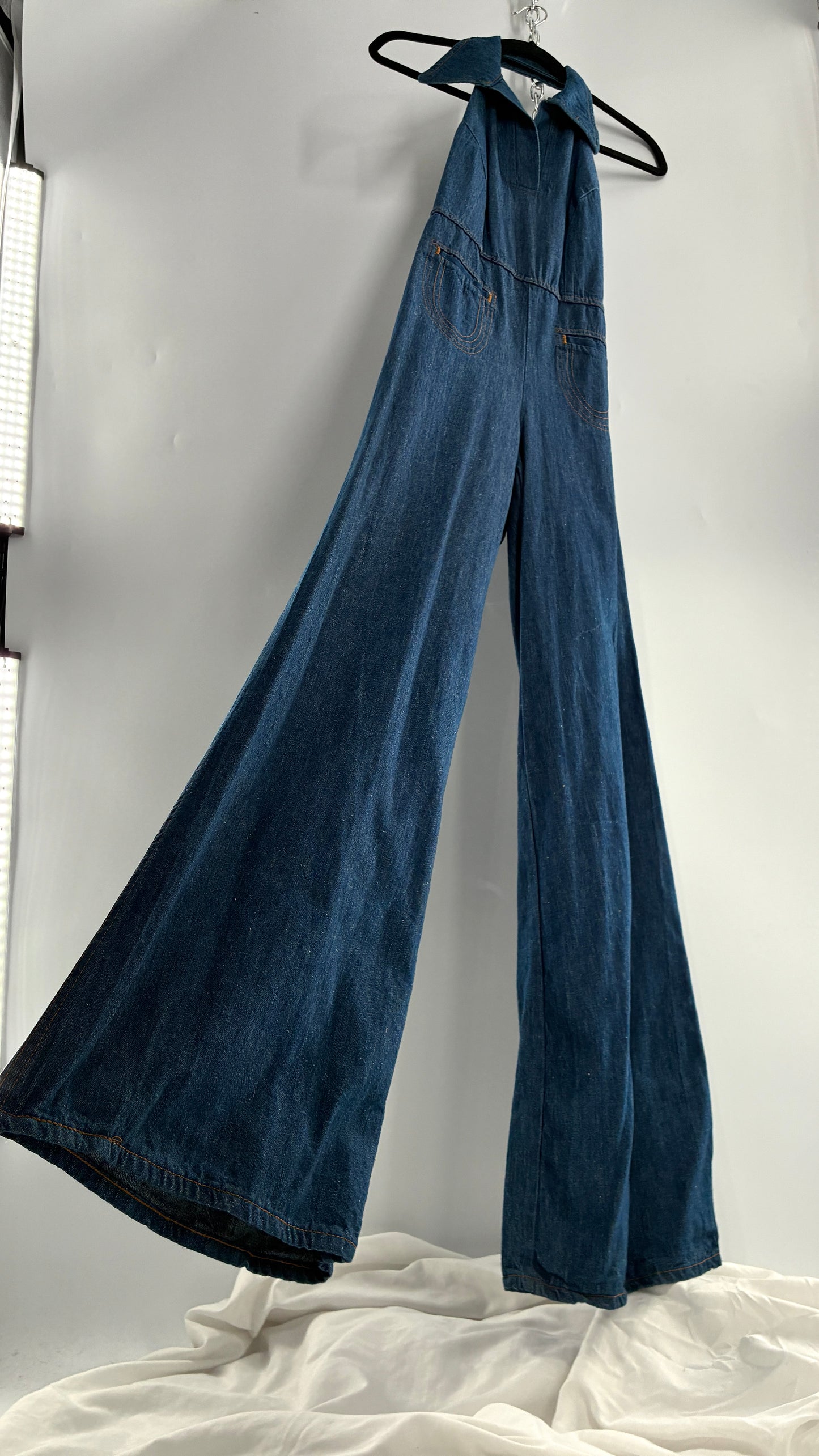 RARE Vintage 1970s Landlubber Medium Wash Denim, Sleeveless Halter, Wide Leg Bell Bottom, Jumpsuit (No Size on Tag, XS)