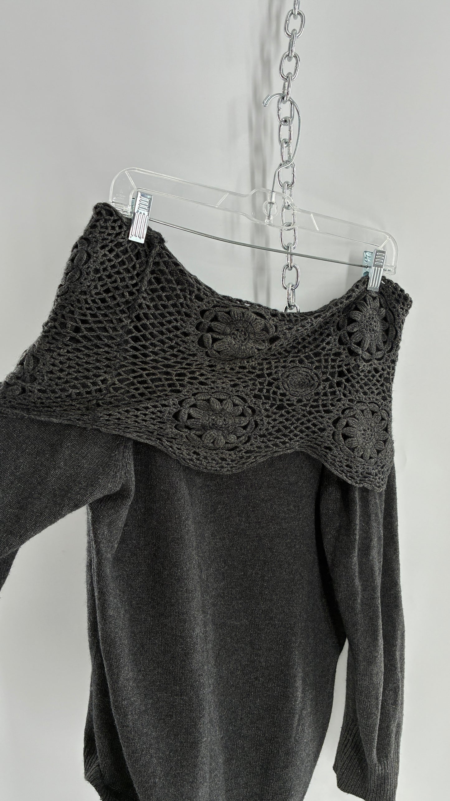 Vintage ELENA MIRO 29% Virgin Wool 8% Angora Wool 8% Cashmere Grey Off the Shoulder Crochet Band Sweater (Medium)