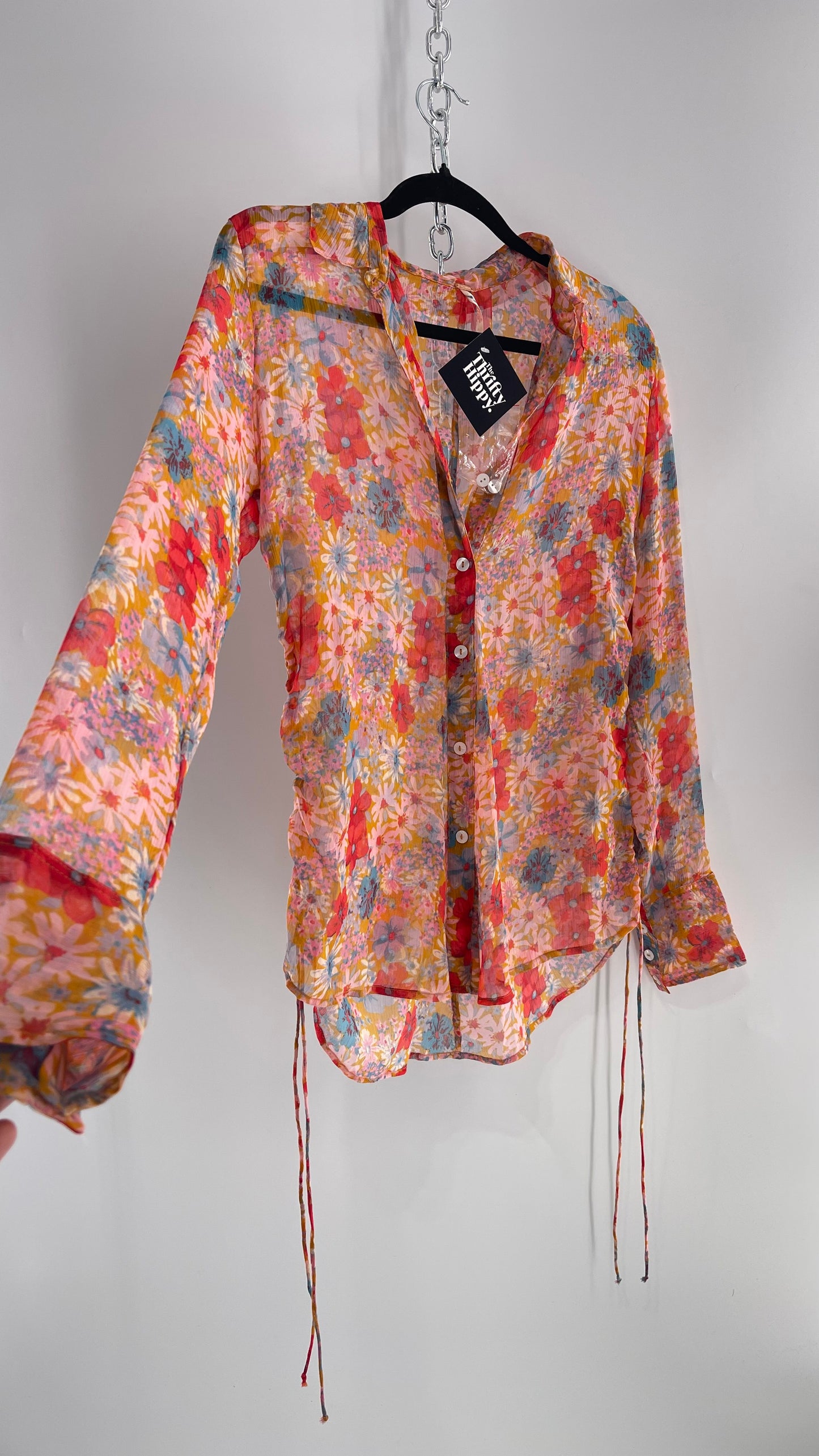 Free People Sheer Orange Floral Button Up with Ruched Sides (XS)