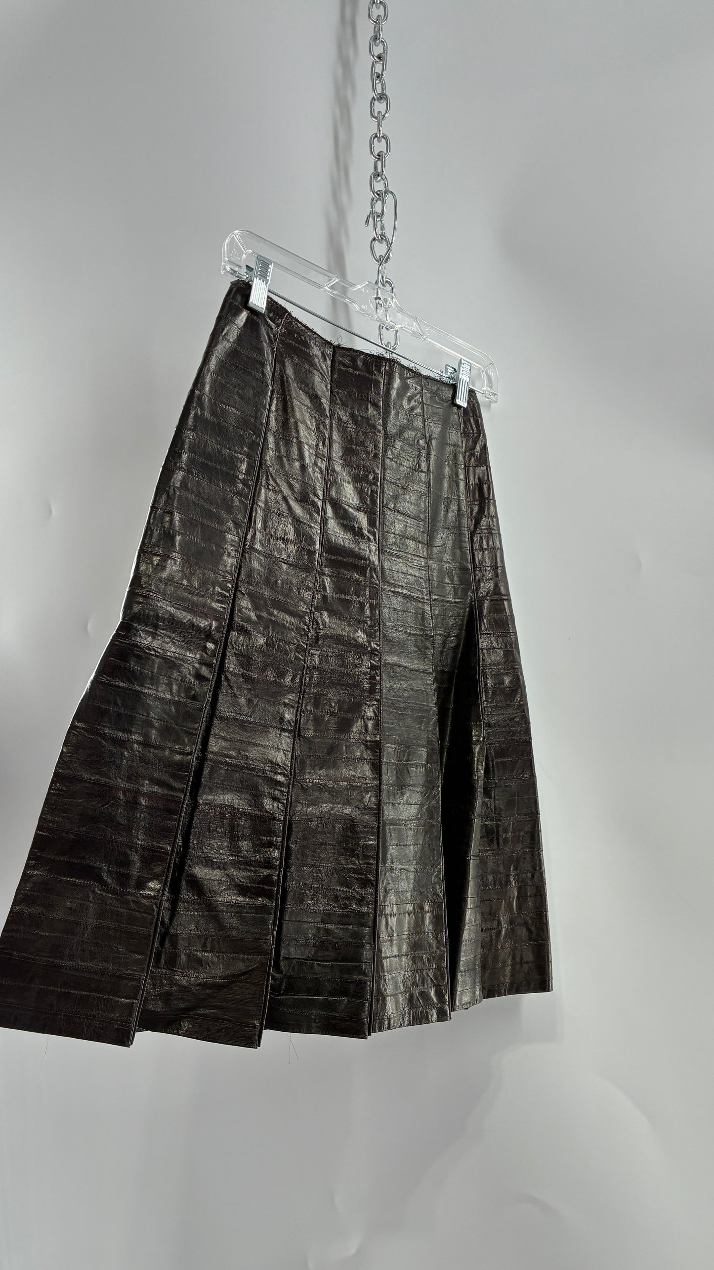 Vintage Handmade Pleated Dark Brown Genuine Leather Patchwork Skirt (XS)