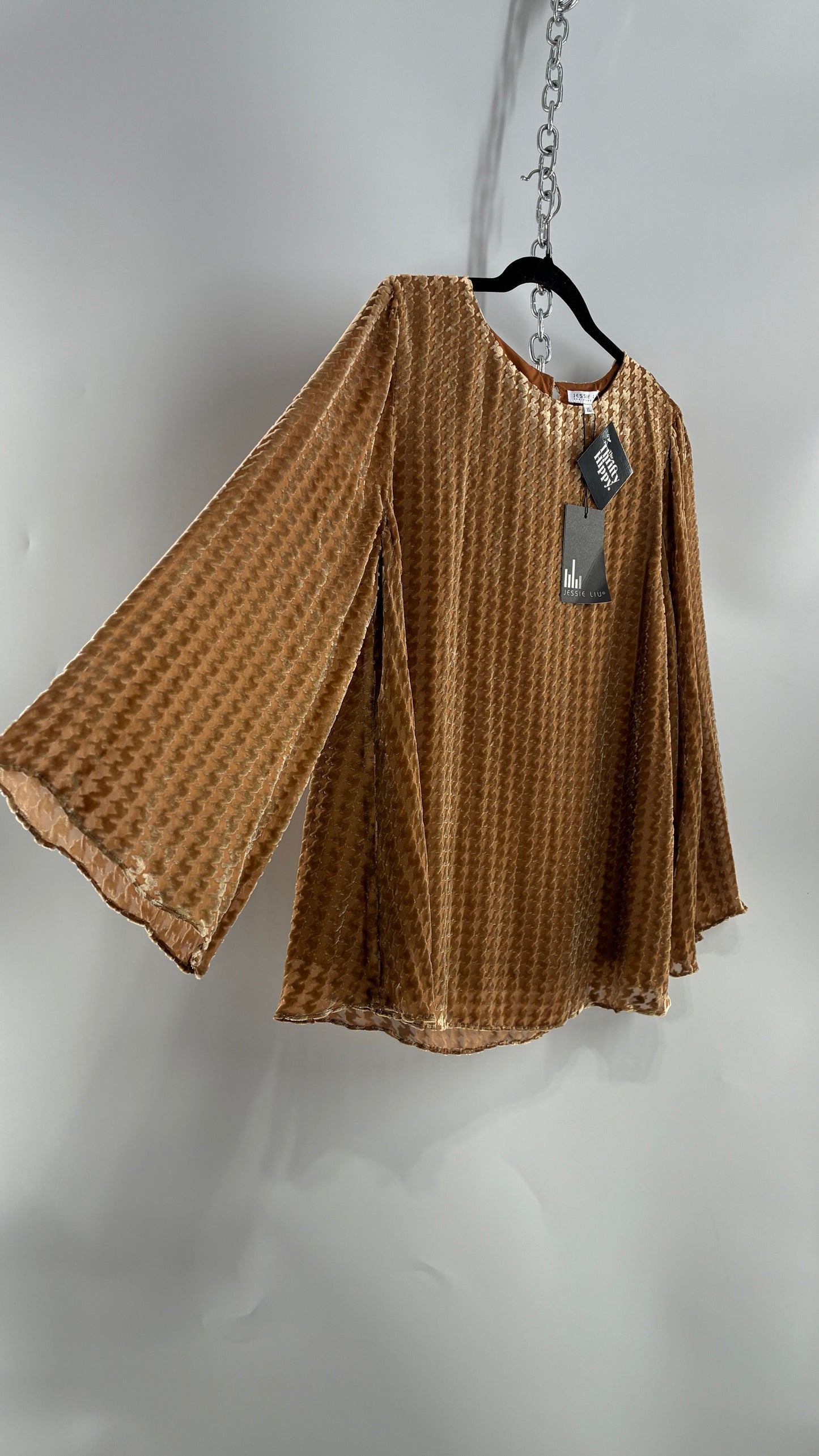 JESSIE LIU Lainey Bell Sleeve Burn Out Effect Silk Blouse (XL)