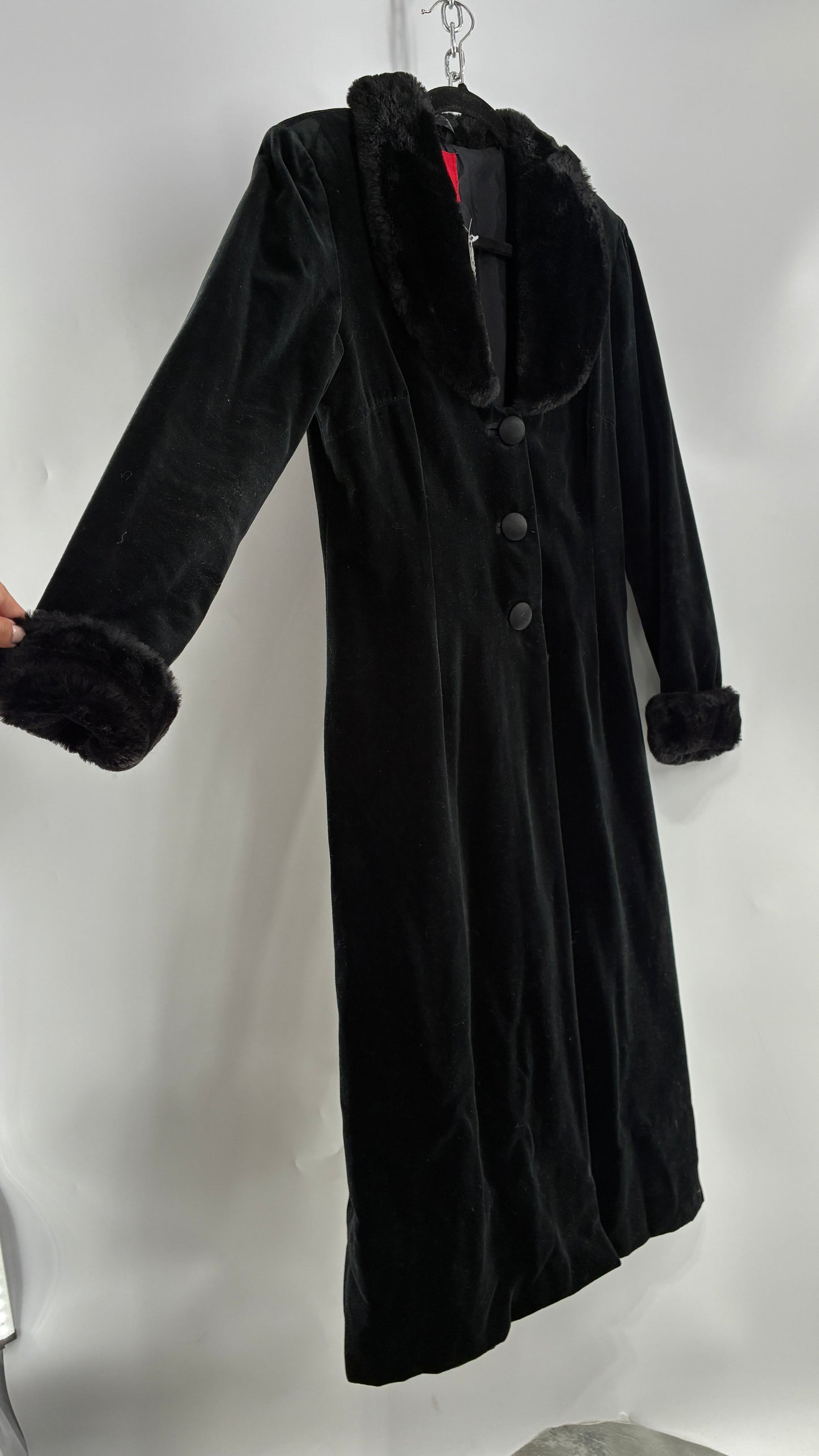 Vintage JS Collection Velour Duster Coat with Deep Neckline, Vegan Fur Collar and Cuffs (Large)