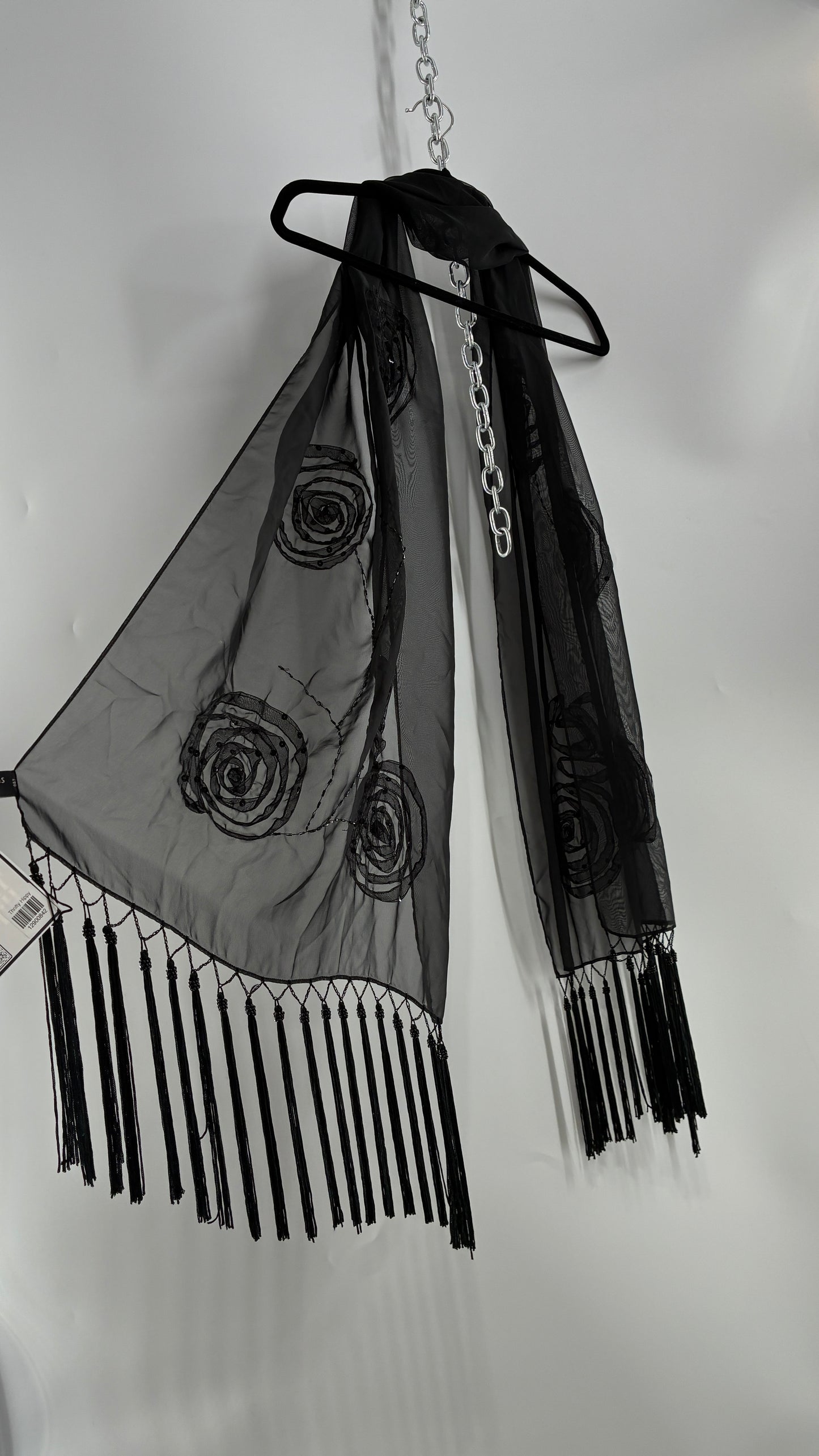 Vintage Black Beaded Scarf with Tassel Fringe and Embroidered Rosettes