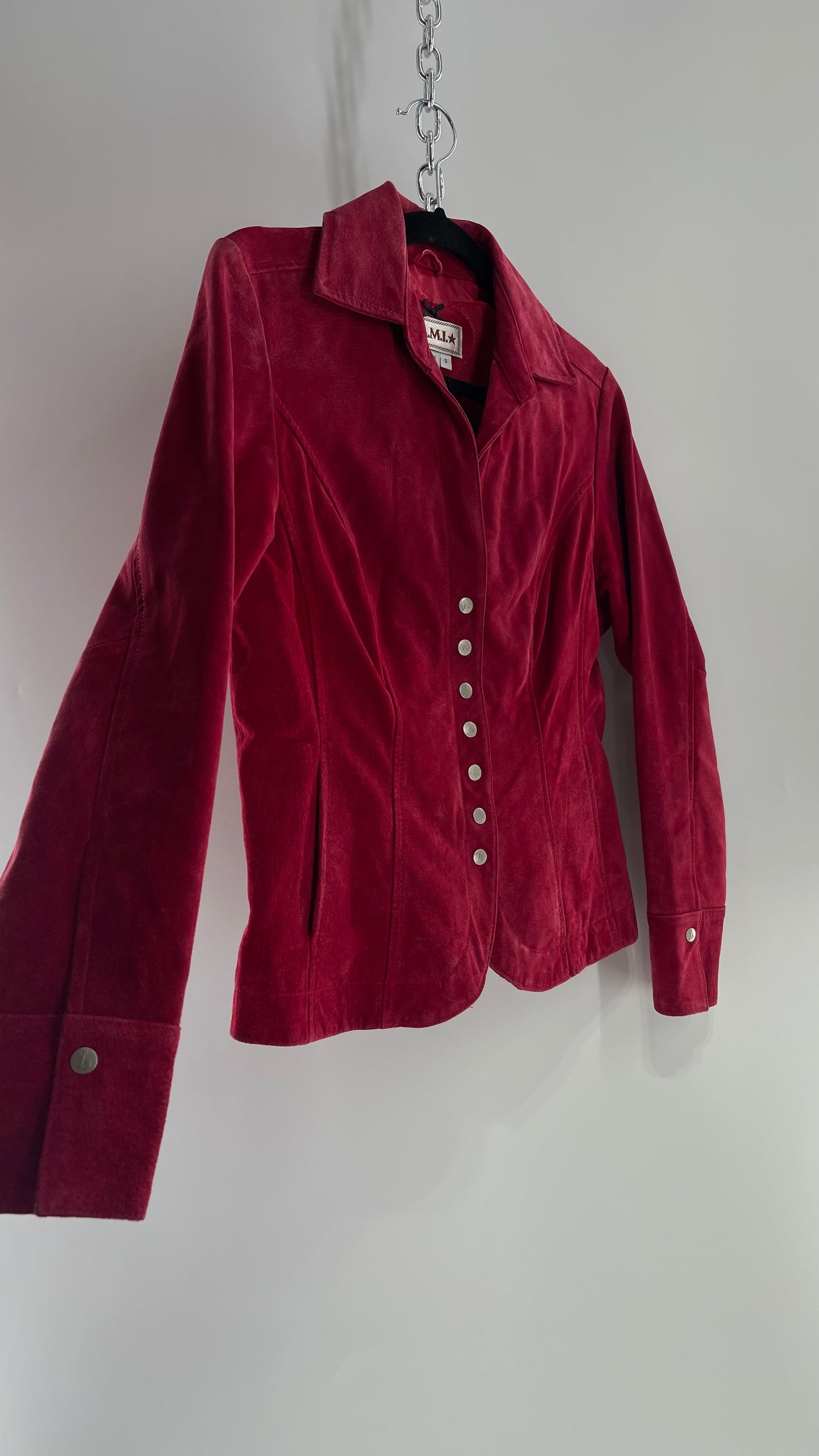 VINTAGE A.M.I Raspberry Red Suede Leather Slim Waist Metal Button Front Jacket (Small)