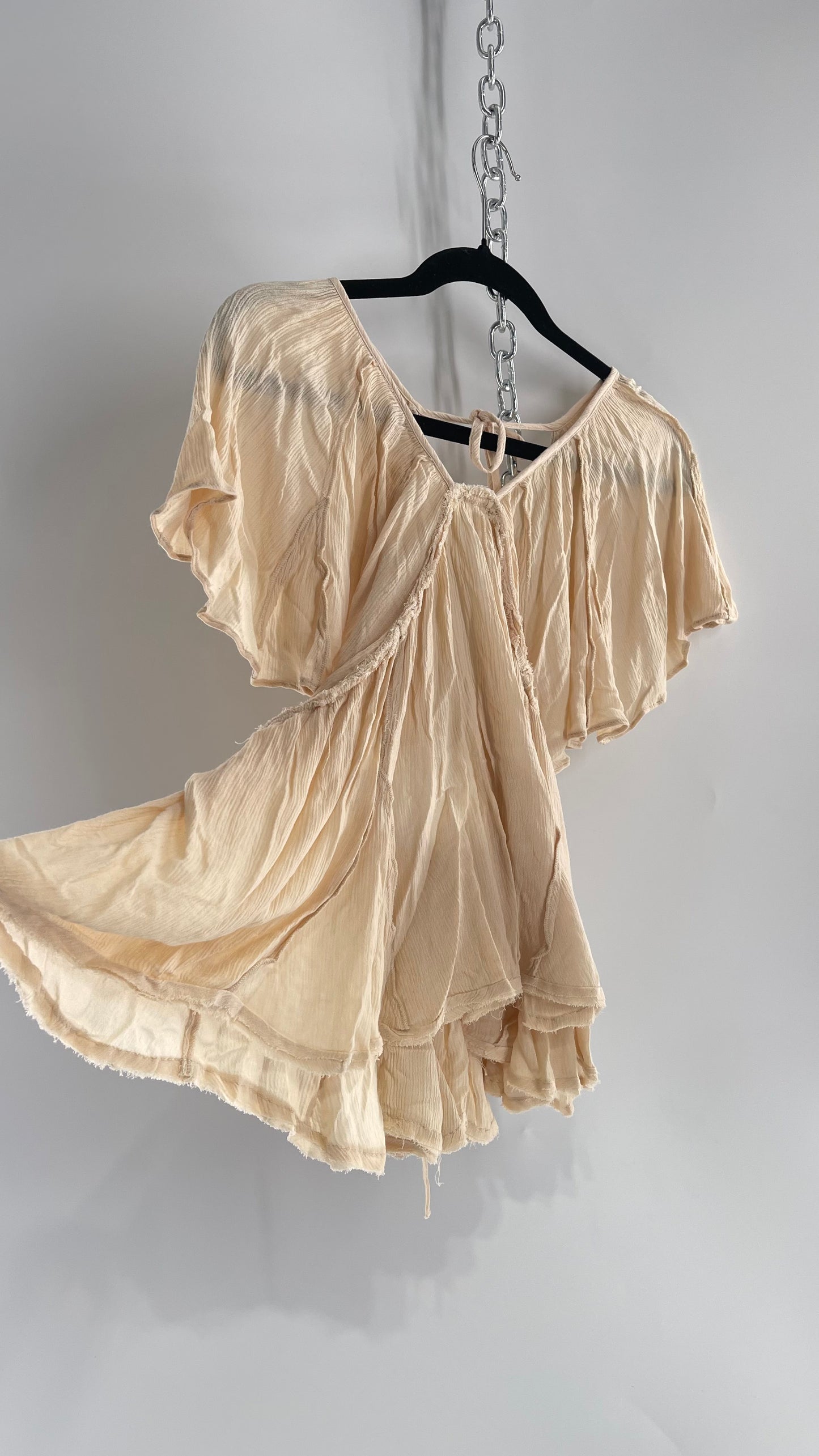 Free People Beige Open Back Drape Sleeve Blouse (XS)