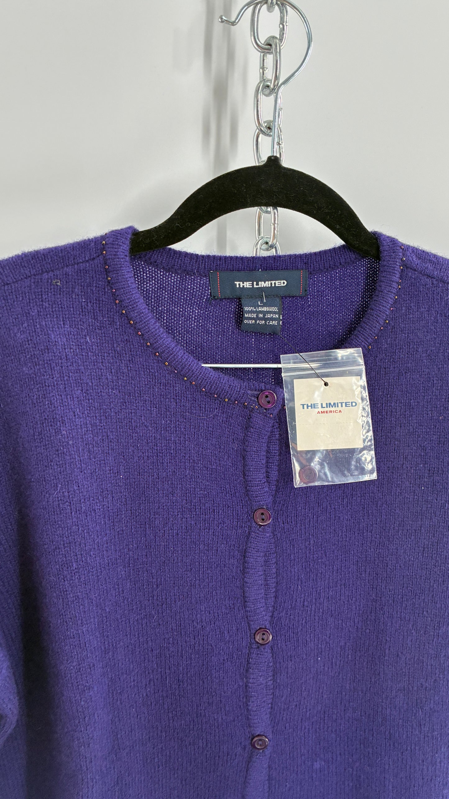 Deadstock Vintage THE LIMITED Japanese 100% Lambswool Purple Cardigan and Plaid Mini Skirt Set (L,10)