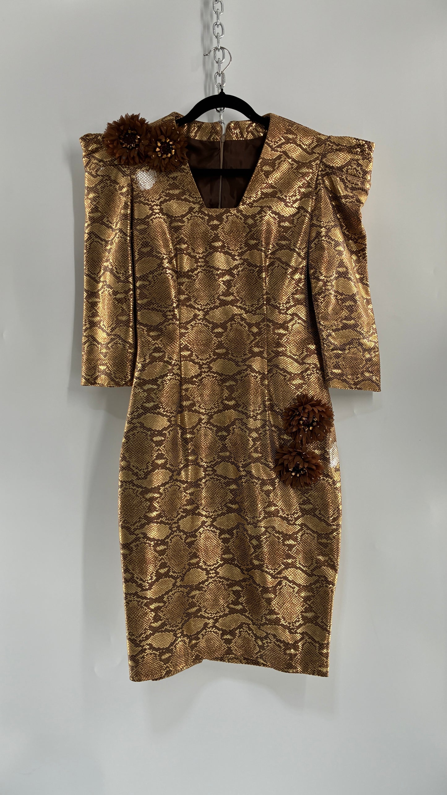 Vintage 1980s Handmade Genuine Leather Snakeskin Bronze Midi Dress with Floral Appliqués (Medium, See Measurements)