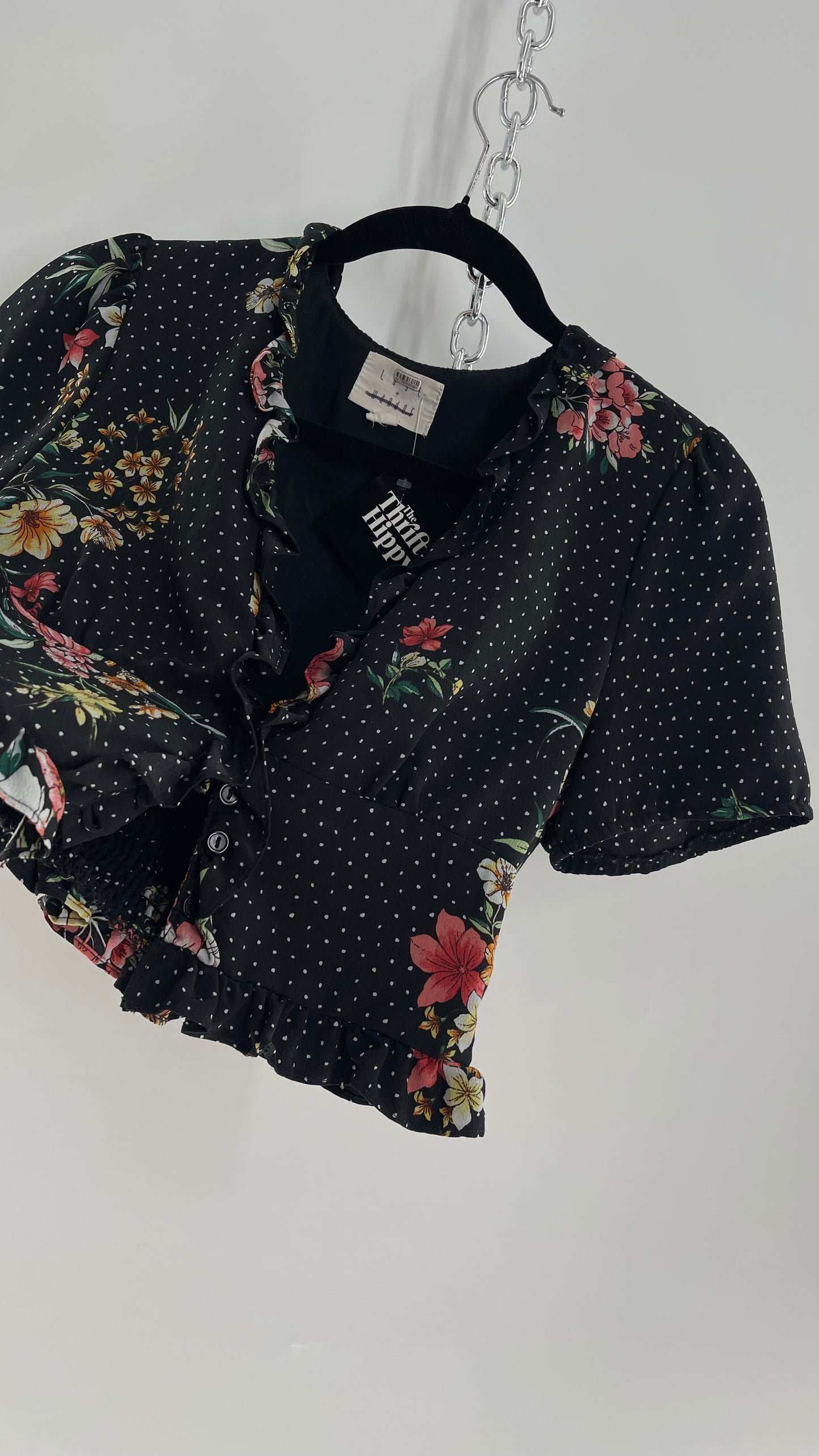 Lost &Wander Polka Dot Florals, Puff Sleeved Button Front (XS)