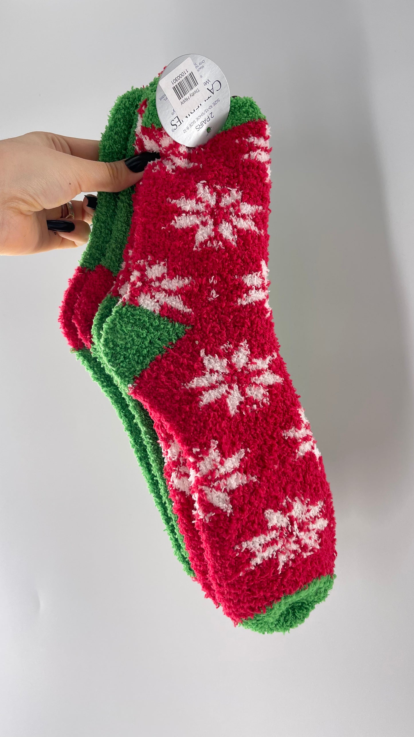 Festive Fuzzy Christmas Color Block Red Green Socks (Sz 8-12)