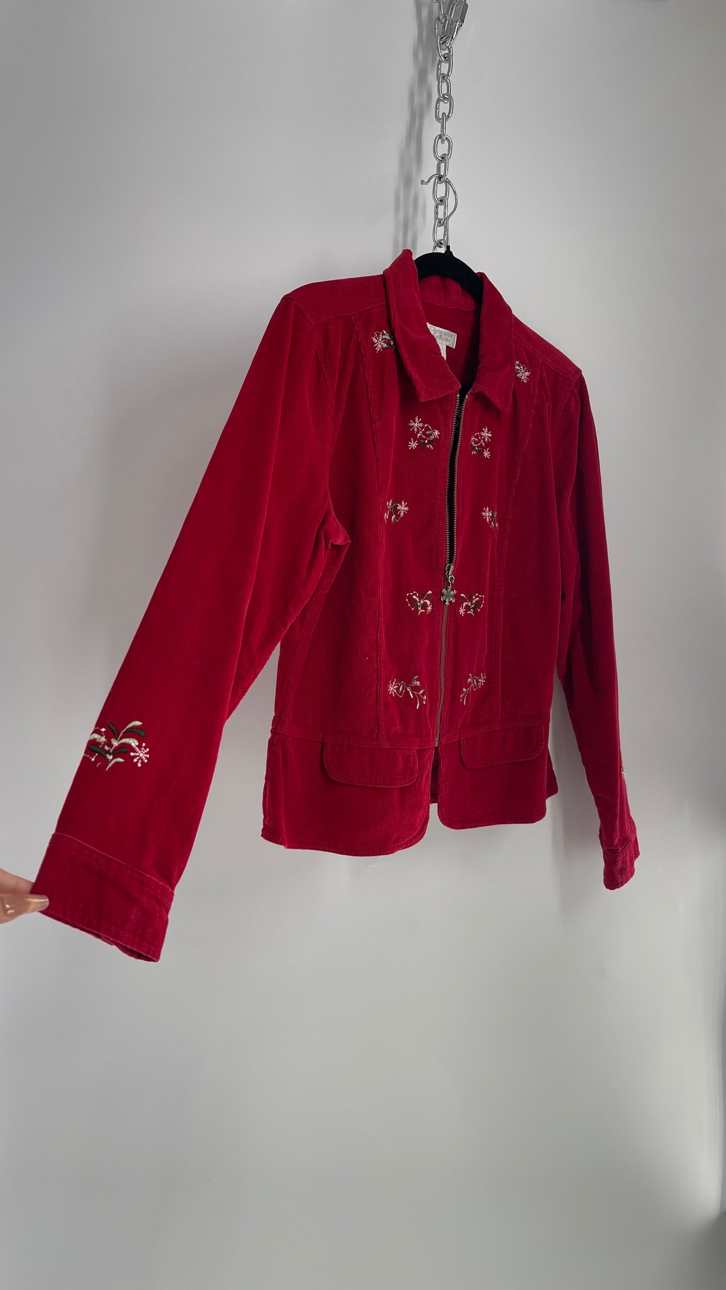 Vintage 1990s Red Corduroy Zip Front Holiday Jacket with Embroidery and Tags Attached (Medium)