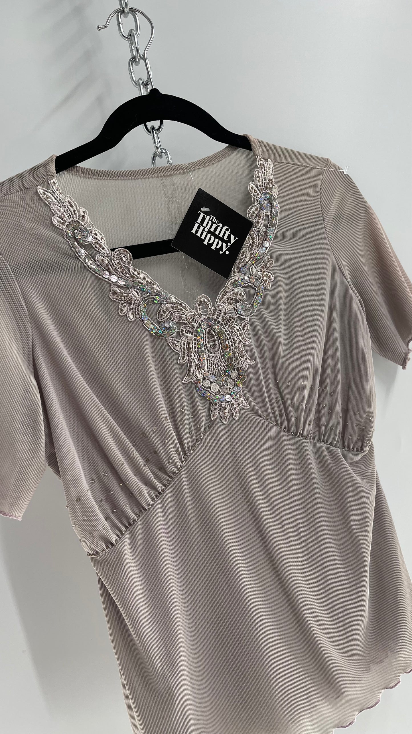 Vintage 1990s Gray Mesh V Neck with Lace, Beading and Sequin Details (Medium)