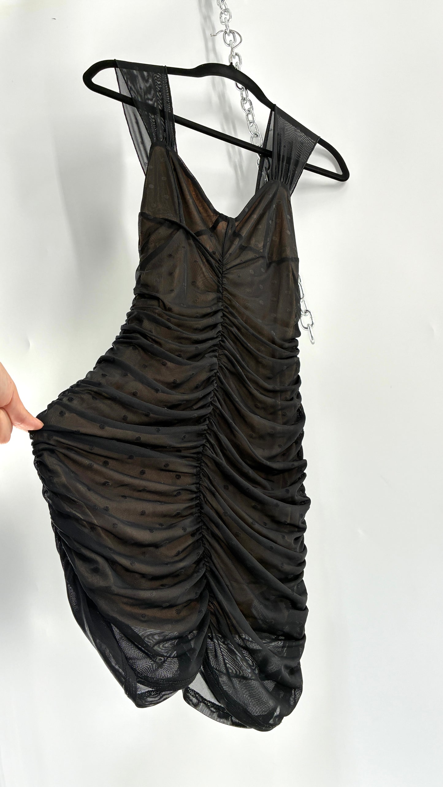 Urban Outfitters Nude Underlay Sheer Black Overlay Polka Dotted and Ruched Bodycon Mini Dress (XS)