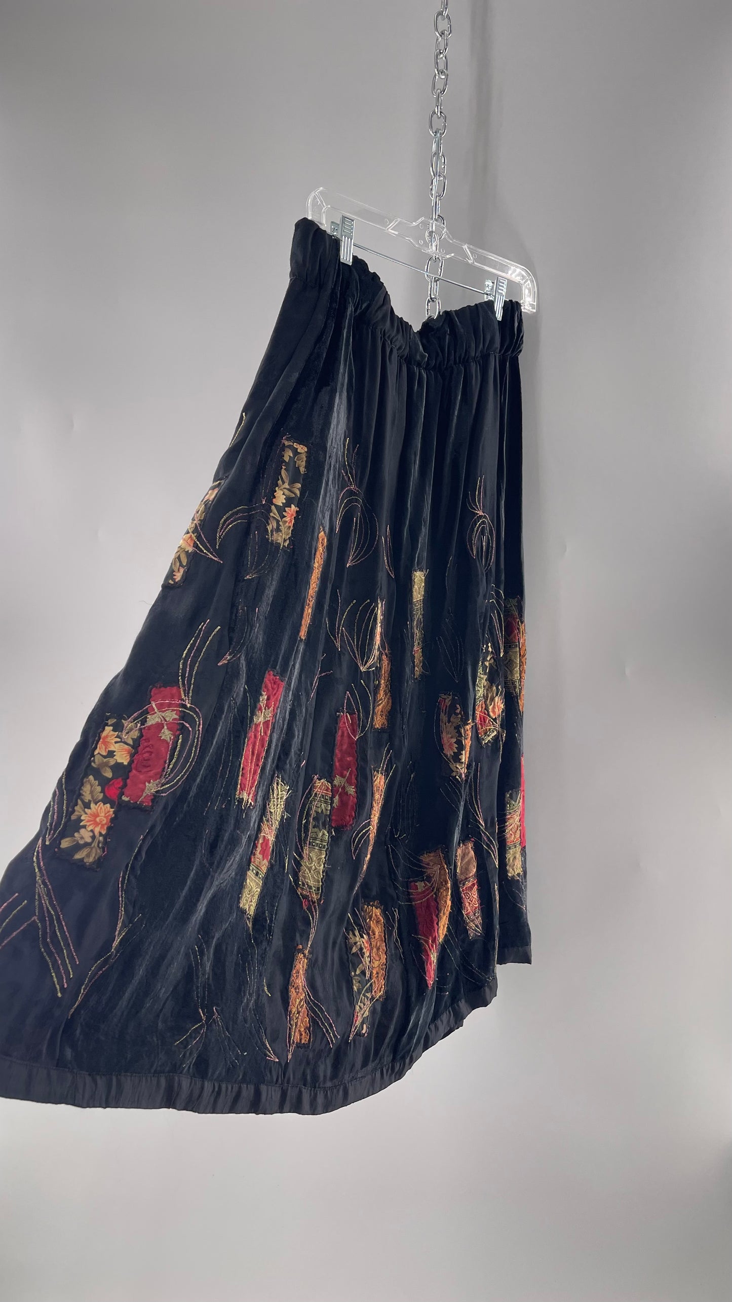 Vintage Black Velvet and Embossed Florals Patchwork Skirt with Metallic Stitch Detailing with Lining and Thick Waistline (M)