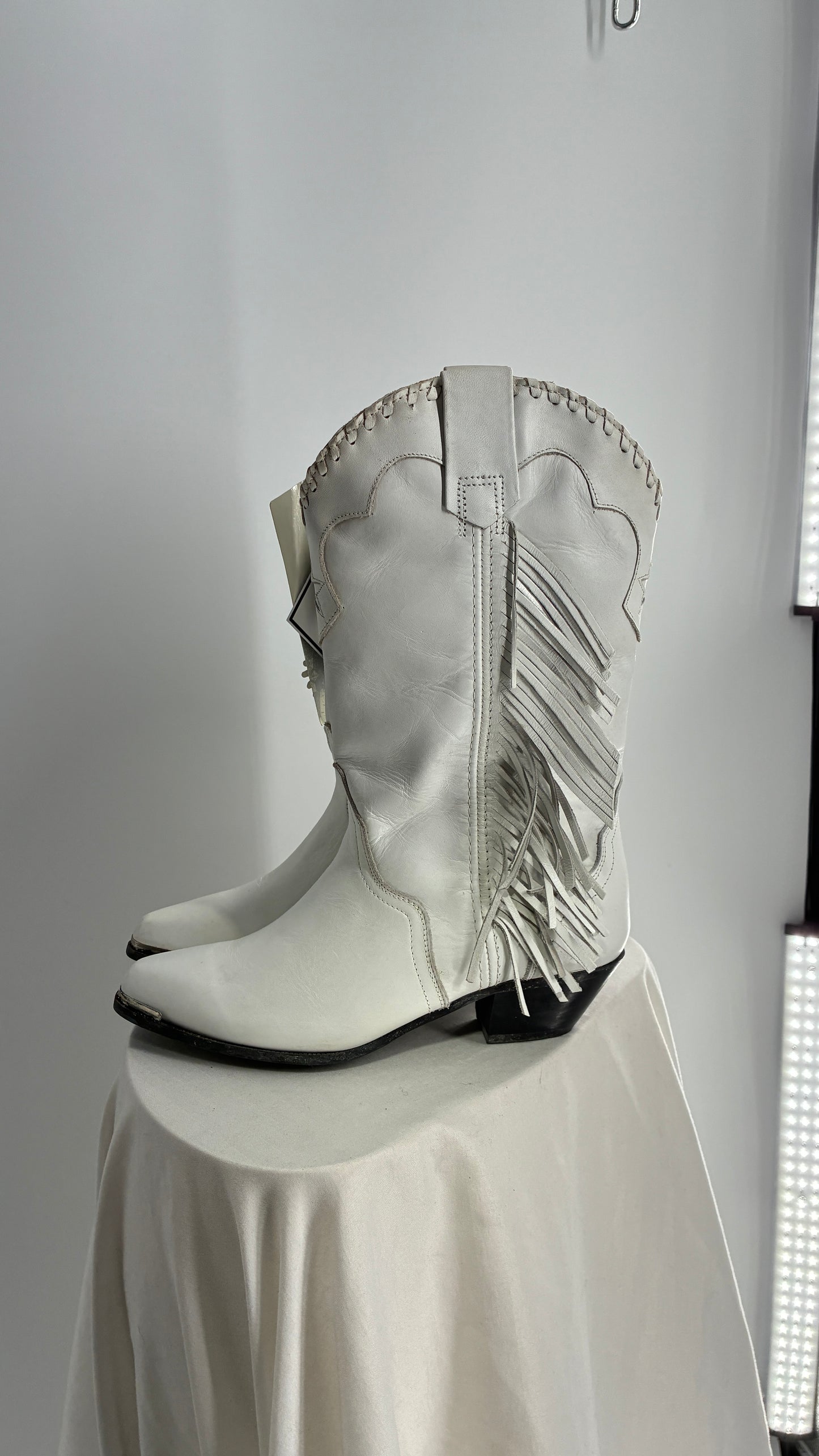 Deadstock Vintage ACME White Cowboy Boots with Braided Cuff, Fringe Sides(6)