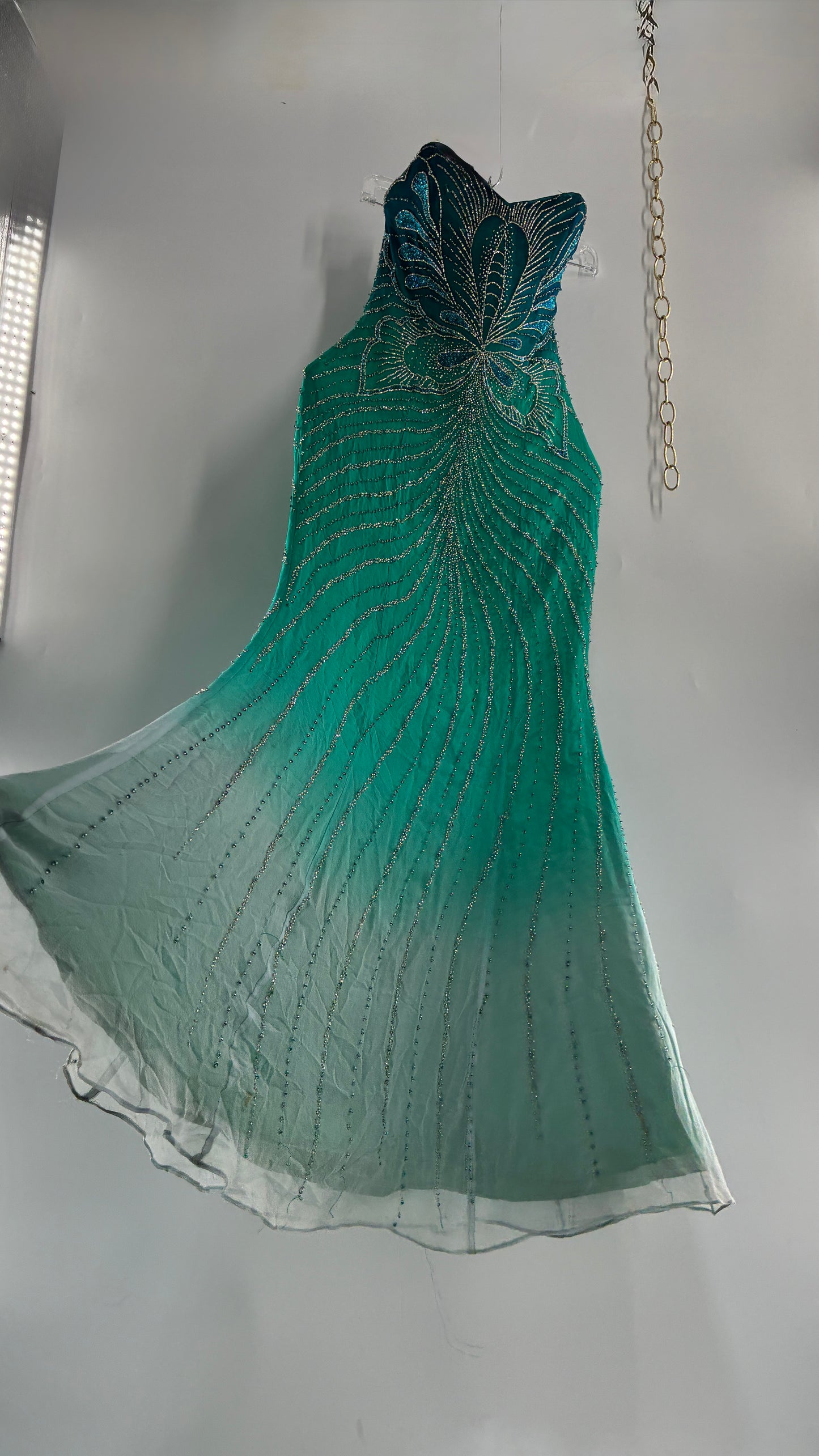 Vintage 1990s STUDIO17 100% Fully Beaded Silk Aquamarine Butterfly Dress (8)