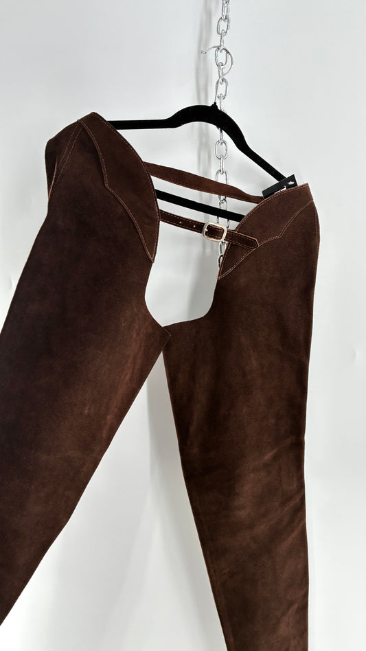 Vintage Chocolate Brown Genuine Suede Leather Chaps with Heavy Duty Side Zipper Detail (XS)