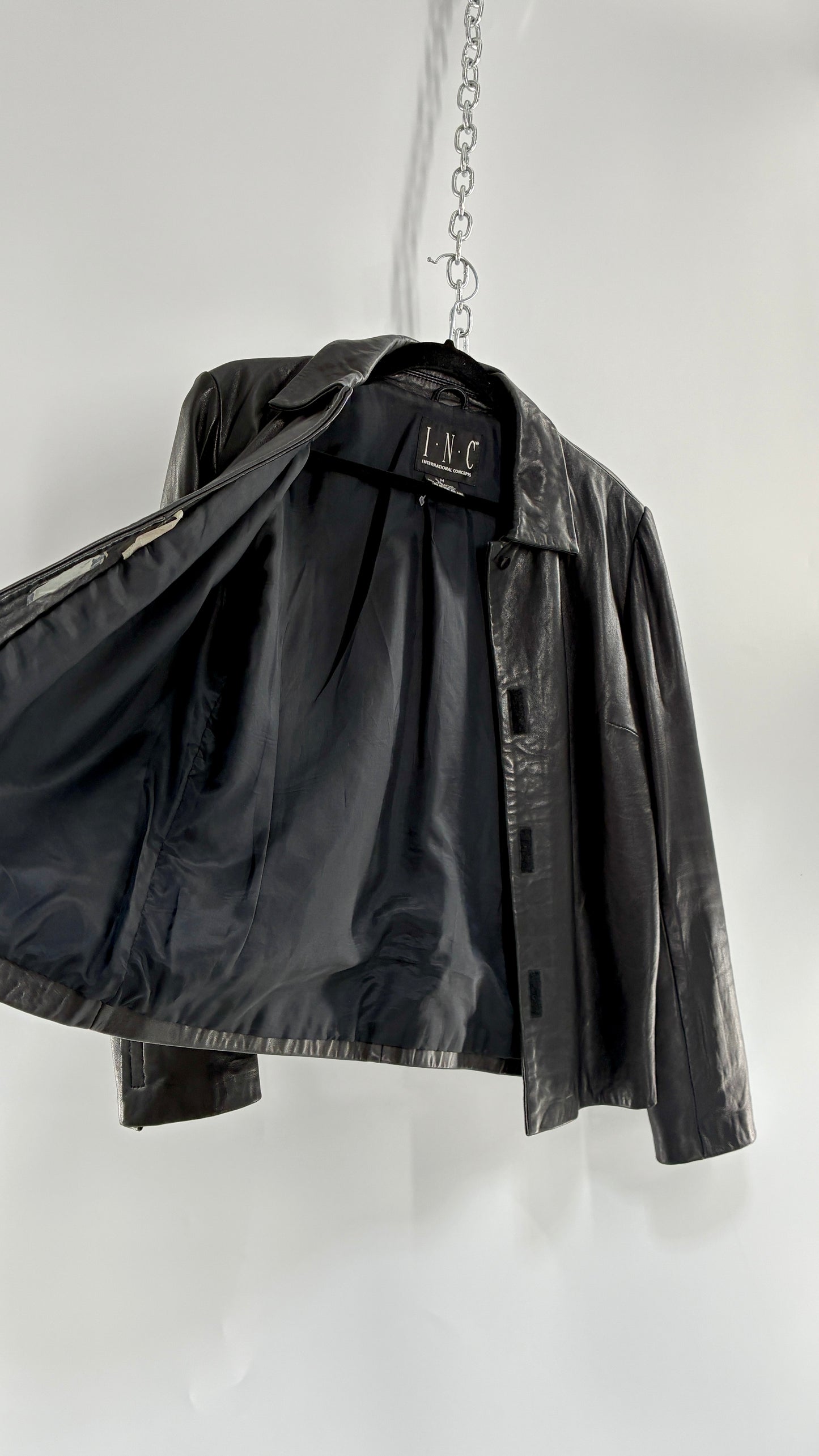 Vintage INC 1990s Black Genuine Ultra Soft Leather Collared Jacket with Velcro Closure Never Worn (Medium)