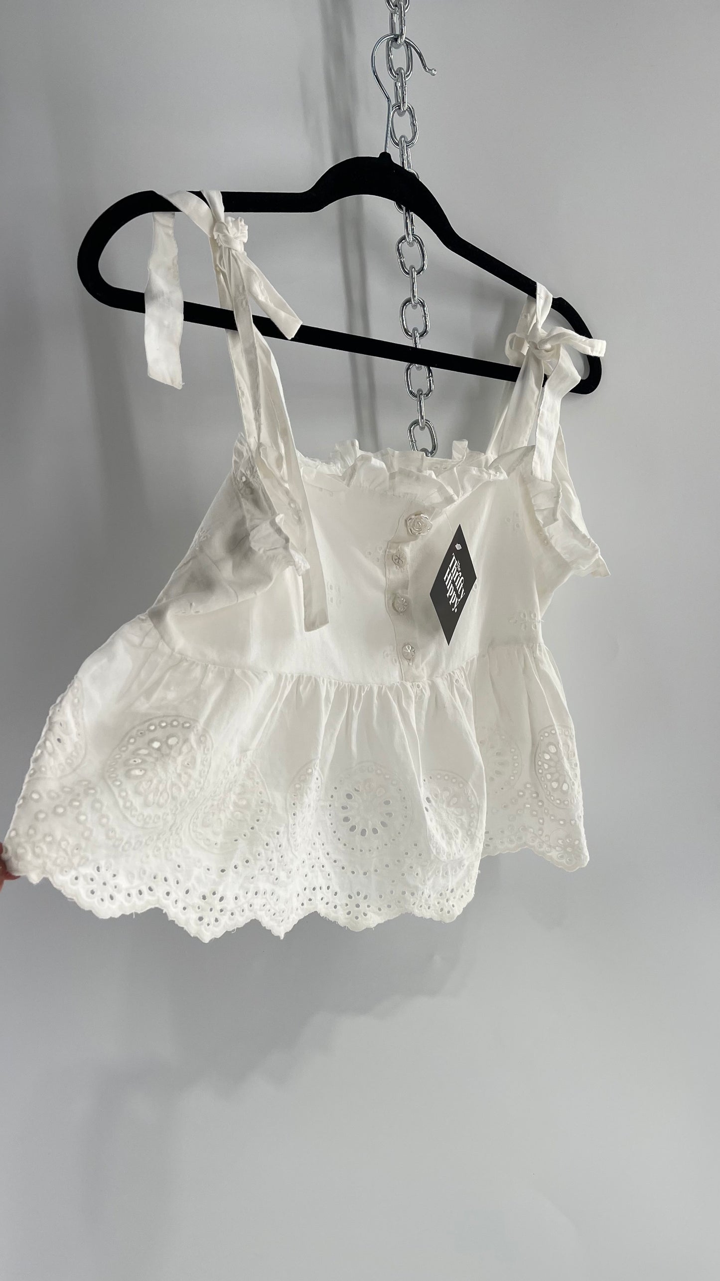 Urban Outfitters Eyelet Lace Hem Tank with Bow Shoulders (Large)