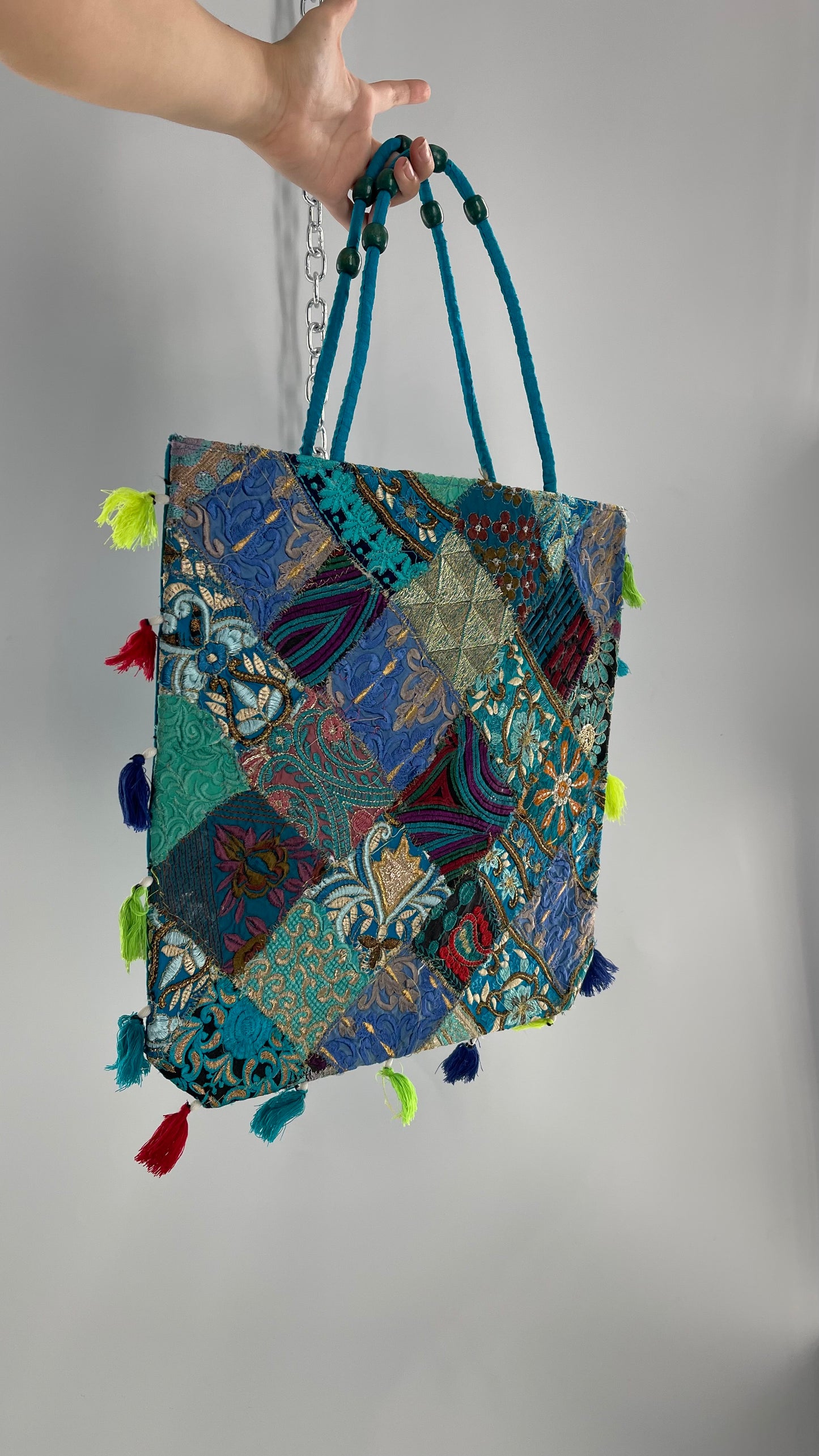 Imported Blue Patchwork Tote from Brazil with Tassel Detailing