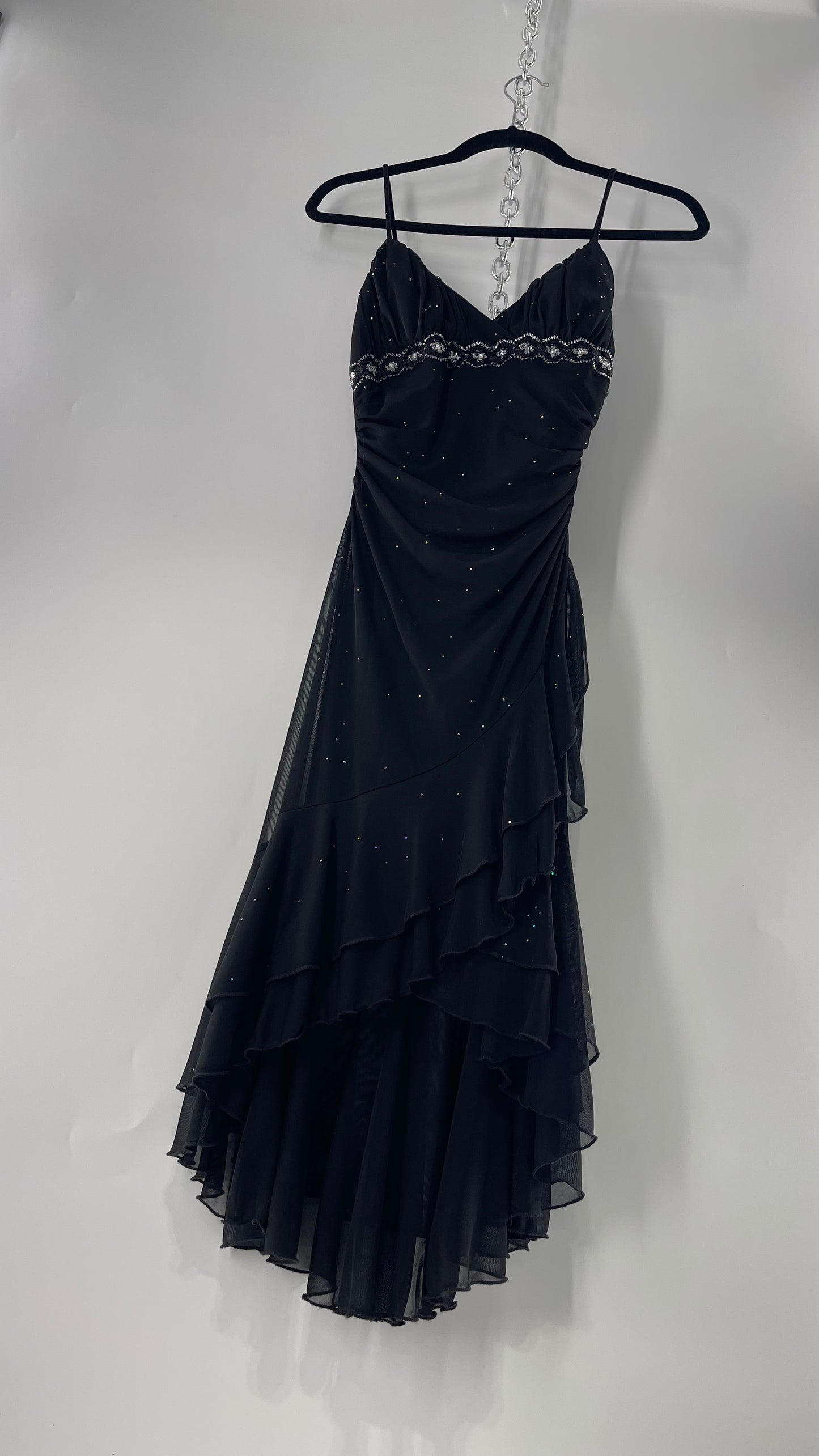 Vintage Taboo Midi Dress with Iridescent Sequins with Lace Underbust Detail, High Low Silhouette and Frills (Medium)