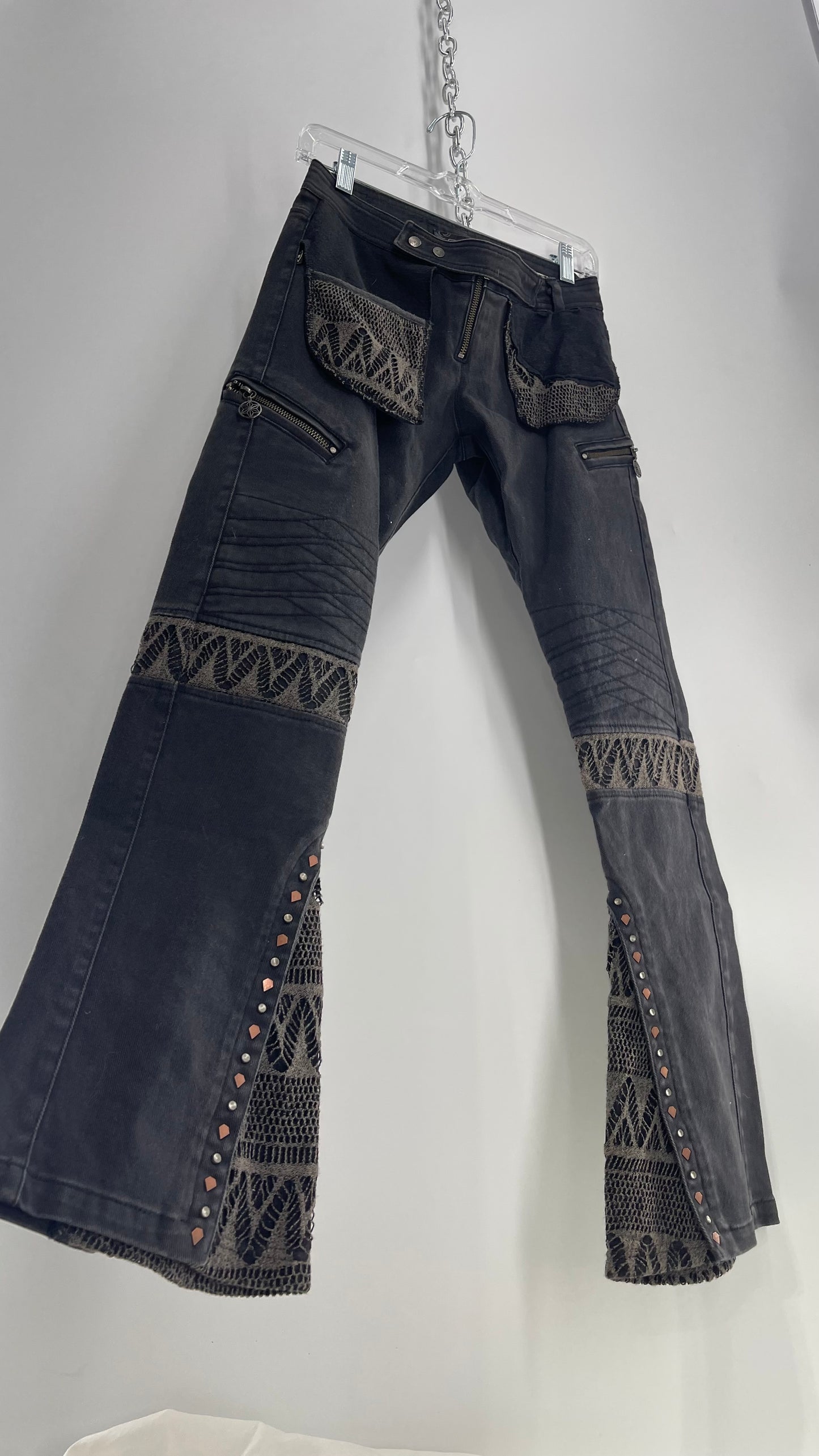 Vintage Rare PSYLO 1990s Low Rise Kick Flare Jeans with Studs, Lace and Hardware (38)