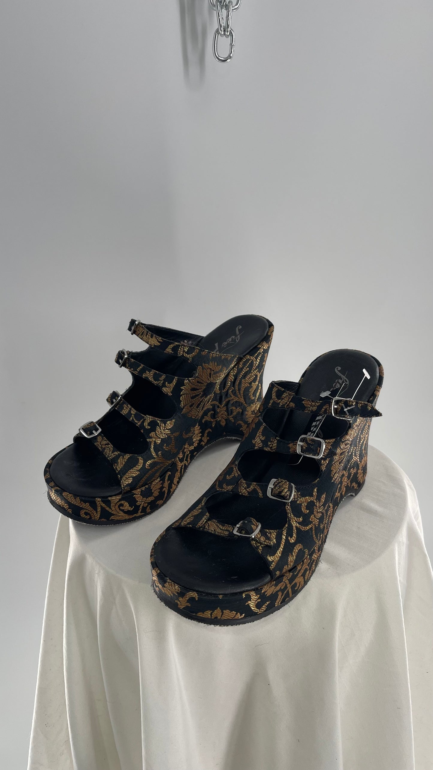 Free People Black Hoffman Buckle Front Wedge Heels with Satin Gold Paisley/Brocade Pattern (37)