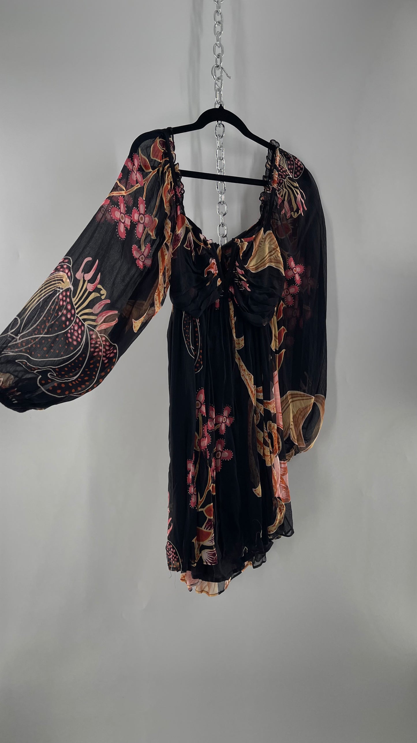 Anthropologie Let Me Be Crimped Black Chiffon Pink Floral Patterned l Dress with Tie/Open Back Detail and Tags Attached (Small)