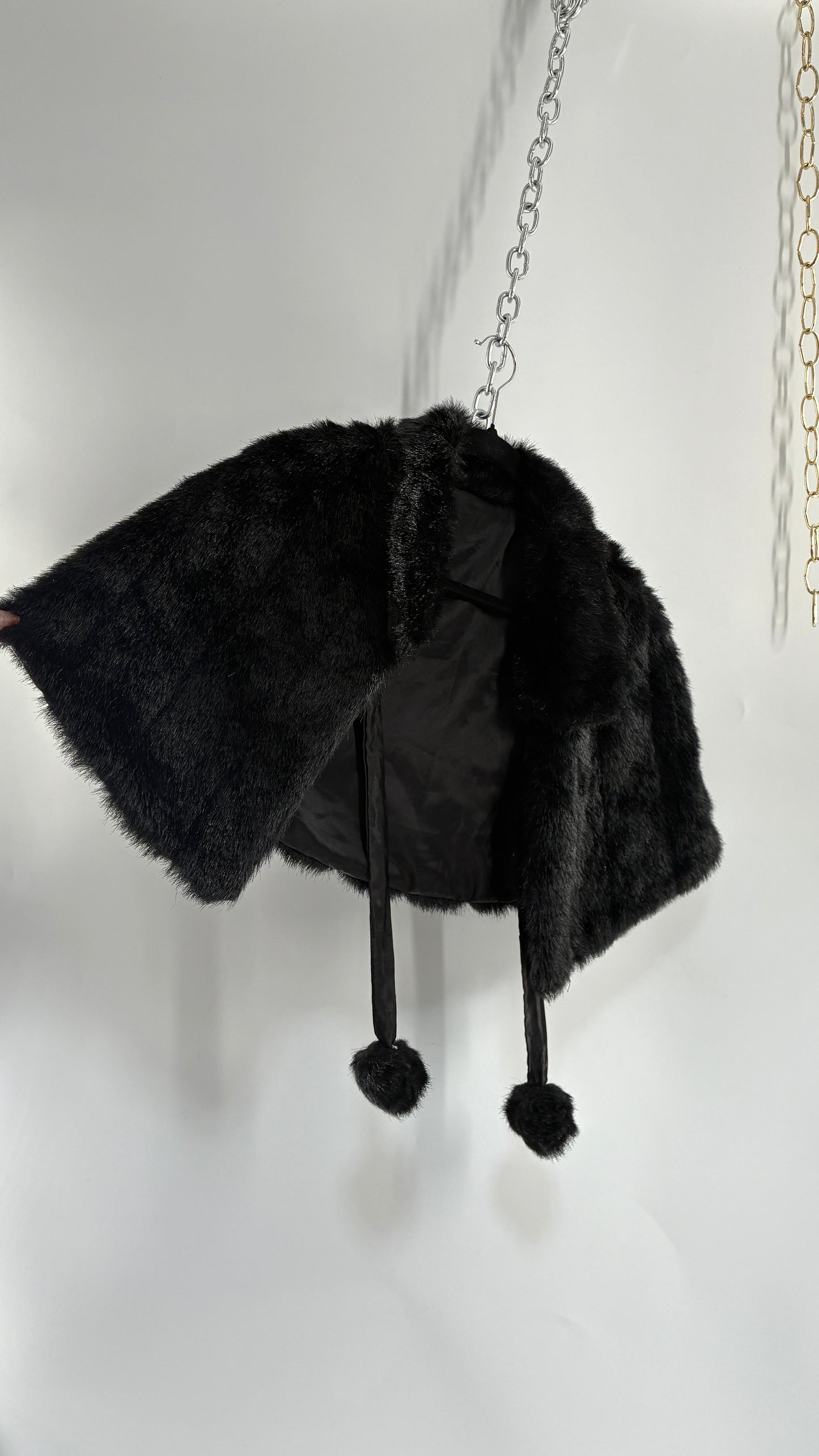 Vintage Black Faux Fur Bolero with Pom Poms (Small)