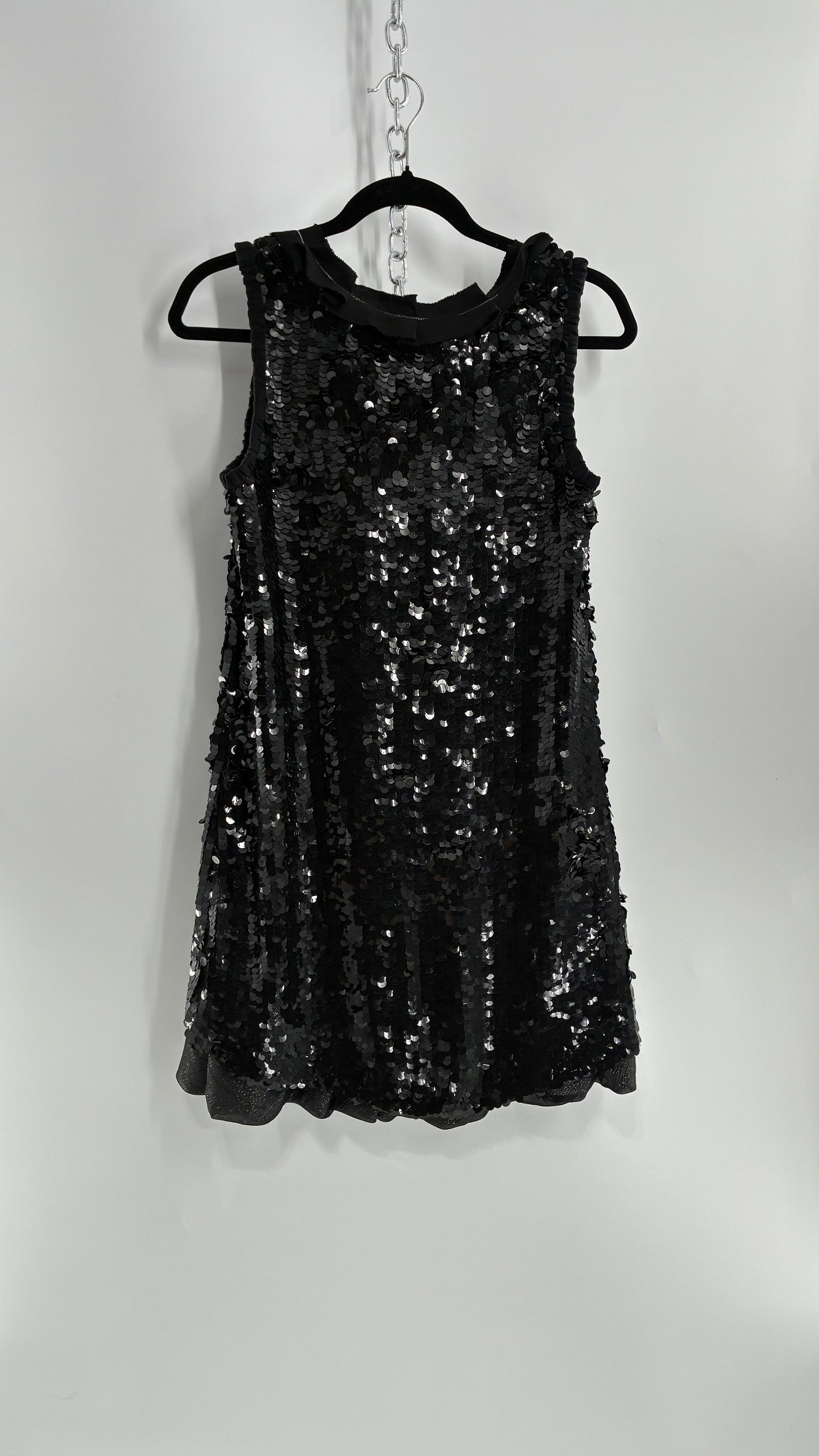 HANII Y. Black Sequin Mini Dress with Beaded, Pleated Ribbon Neckline and Bubble Hem (40)