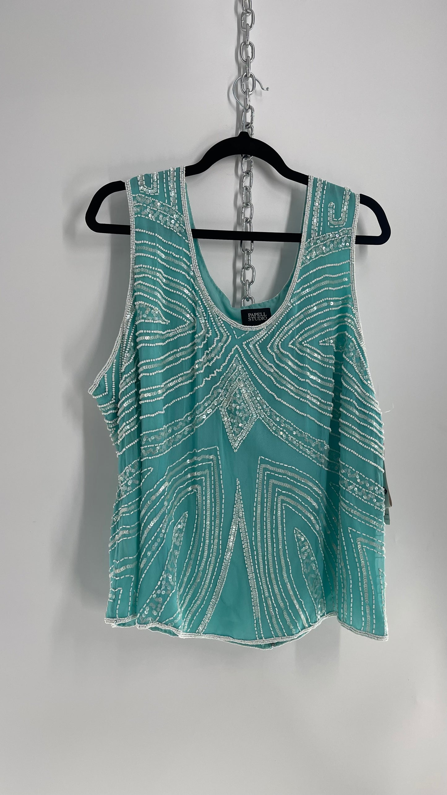 Vintage 1990s Adrianna Papel Blue Beaded Tank with Tags Attached (XXXL)