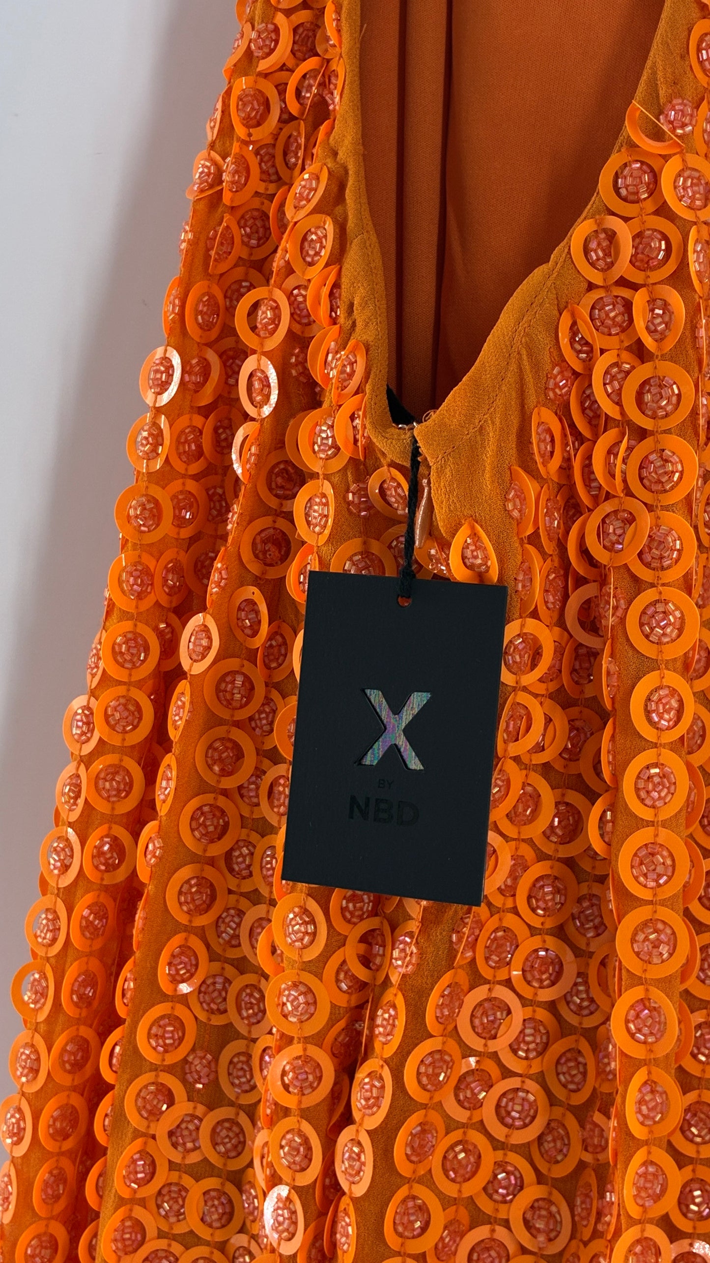 X by NBD Orange Backless Halter Mini Dress with Scalloped Hem, Covered in Beads and Sequins (Medium)