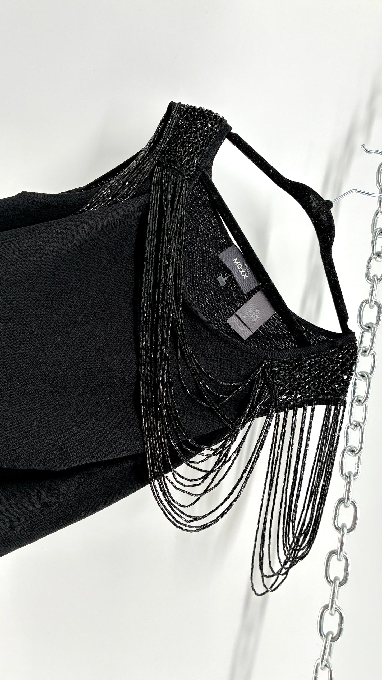 Vintage 1990s MEXX Black Thick Knit with Beaded Neck Detail and Draped Shoulders (XS)