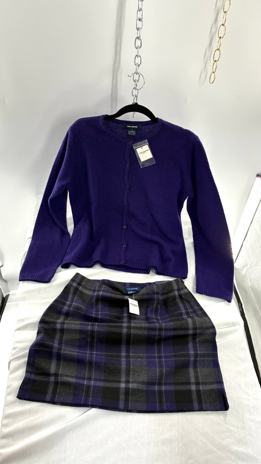 Deadstock Vintage THE LIMITED Japanese 100% Lambswool Purple Cardigan and Plaid Mini Skirt Set (L,10)