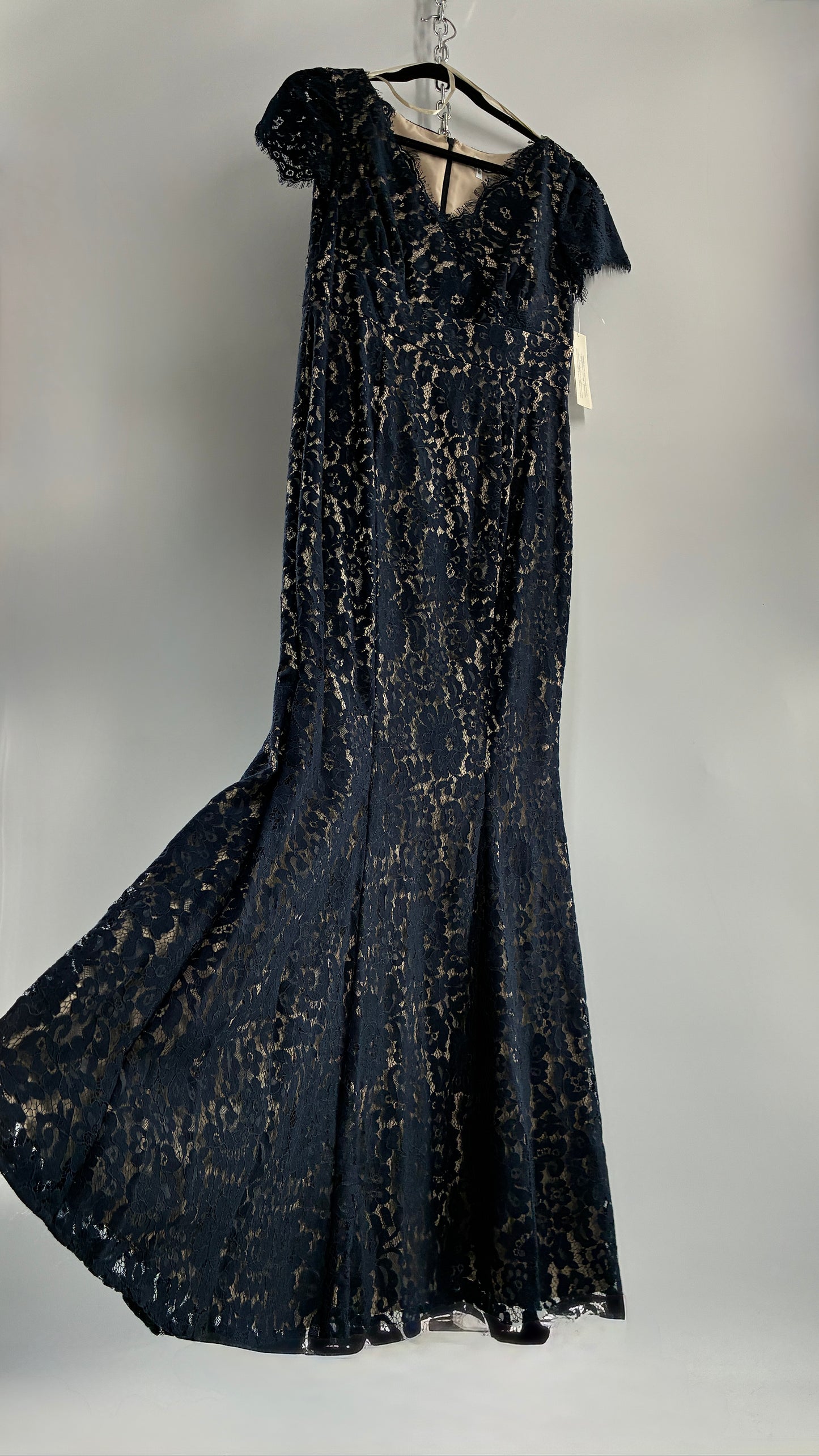 Deadstock Vintage ELIZA J Navy Blue Overlay Lace Full Length Mermaid Style Gown (8)