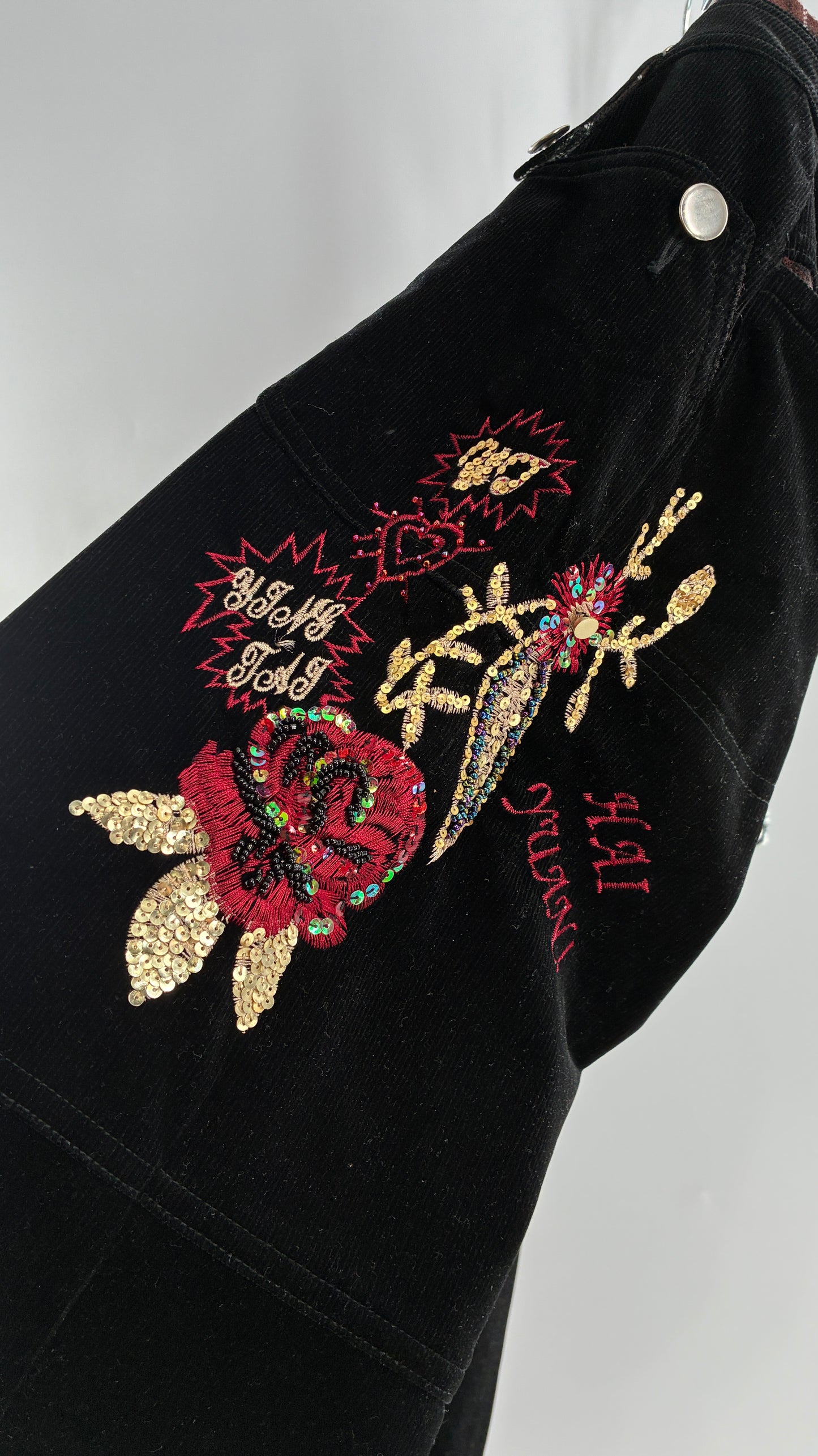 Vintage Black Corduroy Capris with Full Thigh Embroidery, Silver Buttons, and Woven Plaid Waistline (30)