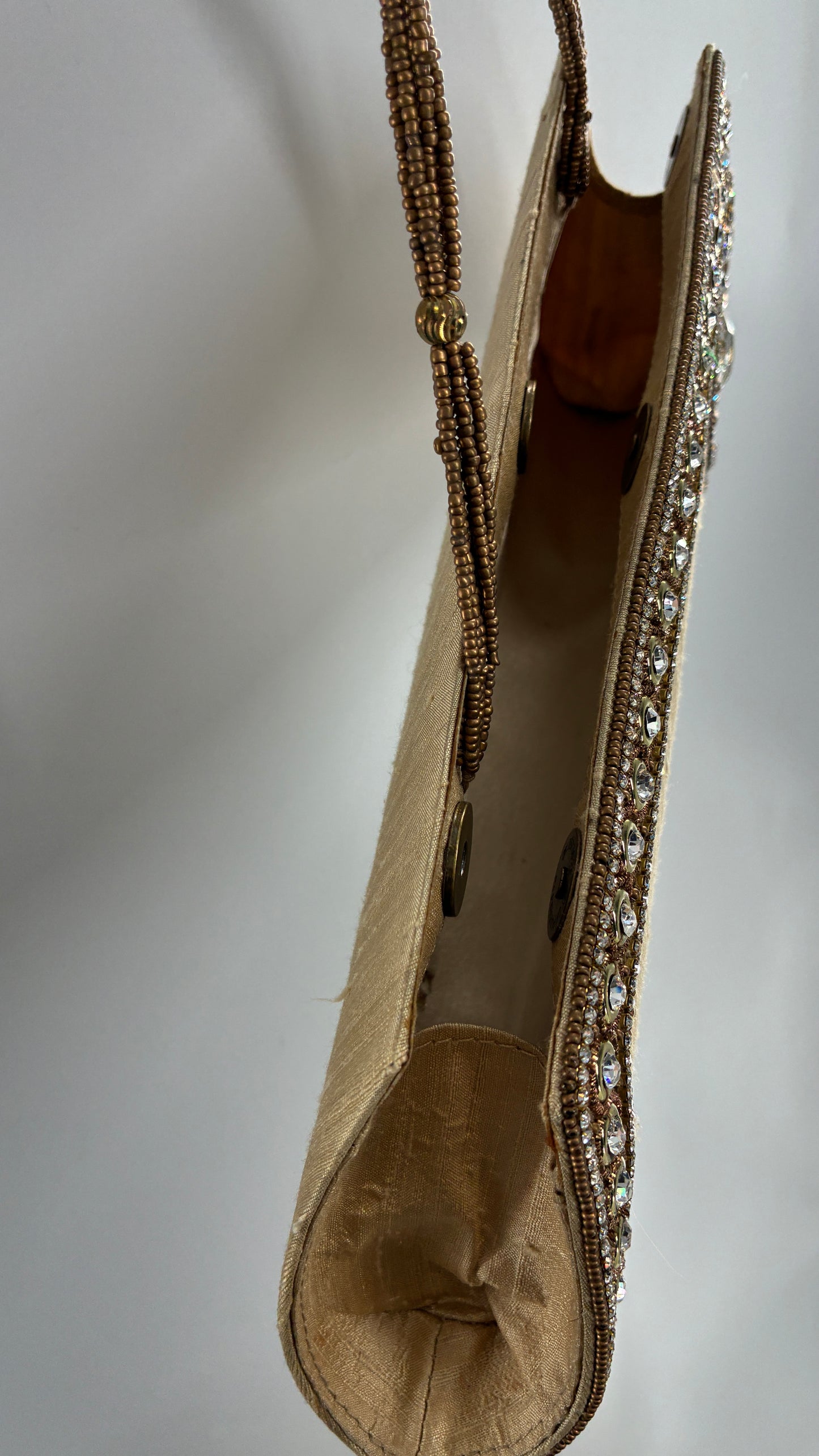 Vintage 1990s Asymmetric Gold Purse with Beading and Rhinestone Detailing