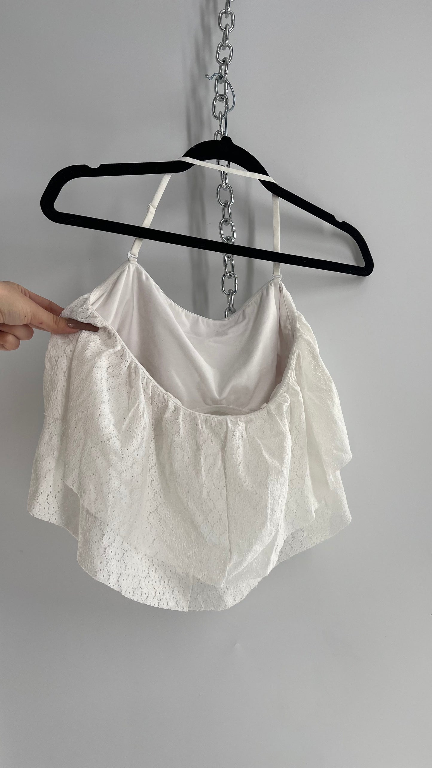 HOPLUN Voluminous White Lace Ruffled Halter Bandeau (XL)
