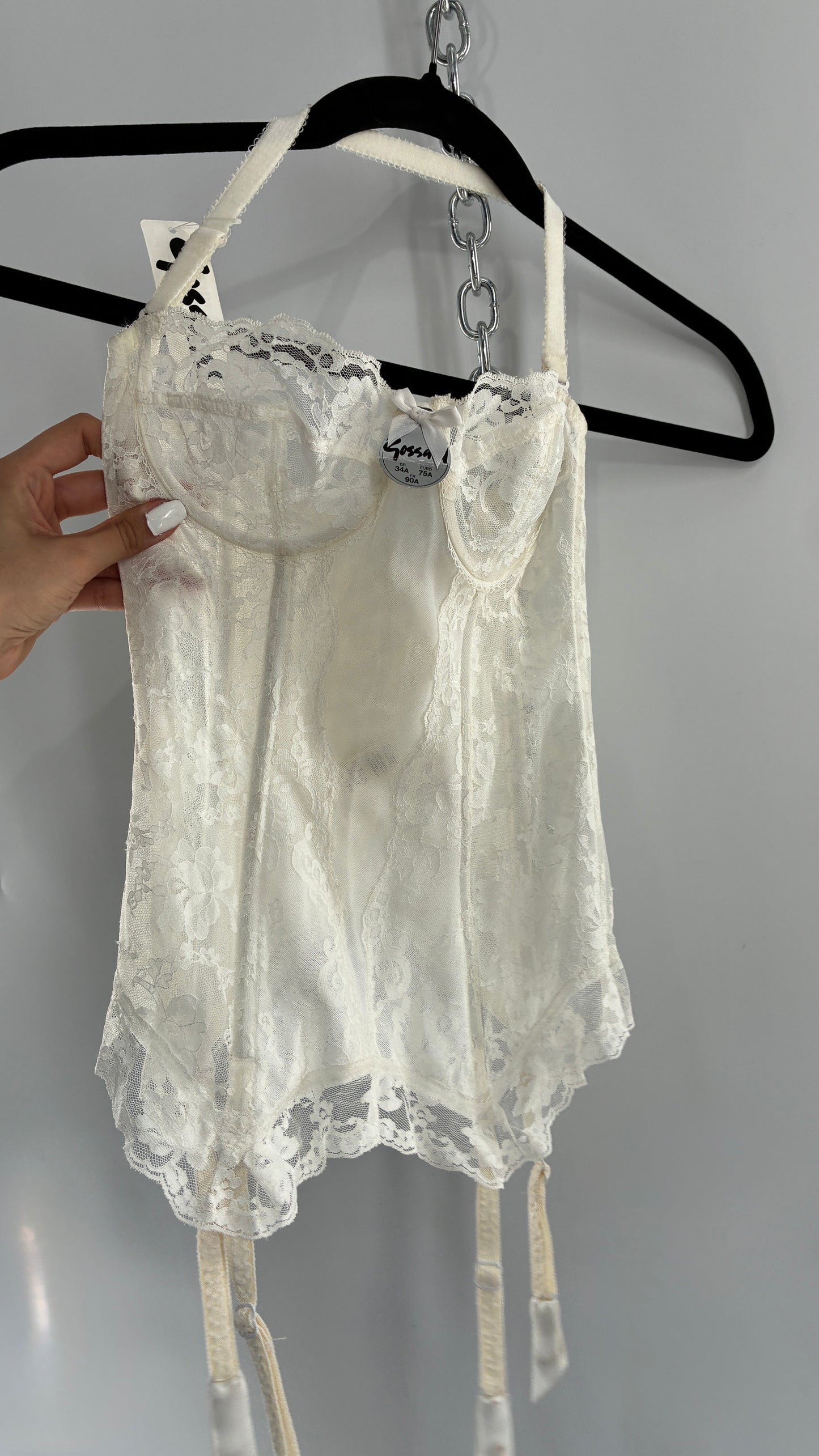 Deadstock Vintage 1950s GOSSARD Off White Lace Corset with Stocking Pulls (34A)